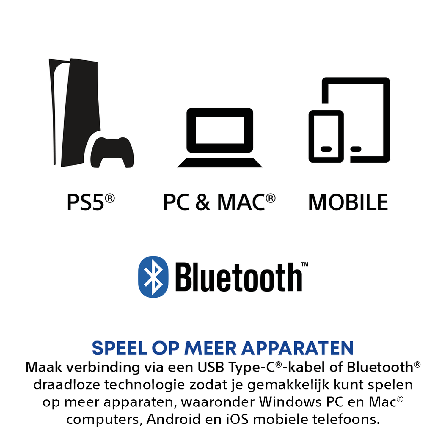 Iconen van PS5, PC/Mac en mobiele apparaten met Bluetooth logo.