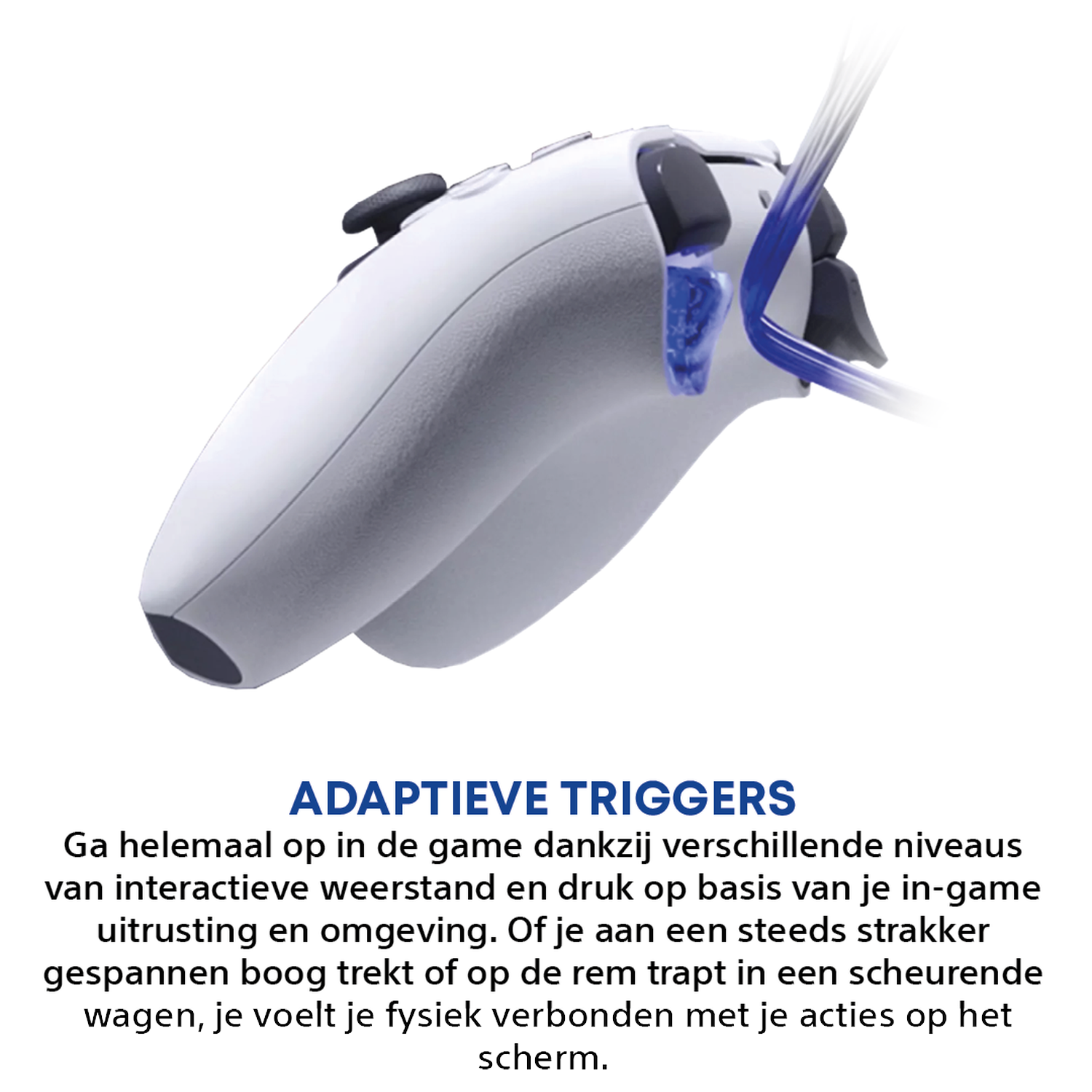 Een witte controller met blauwe accenten die adaptieve triggers toont.
