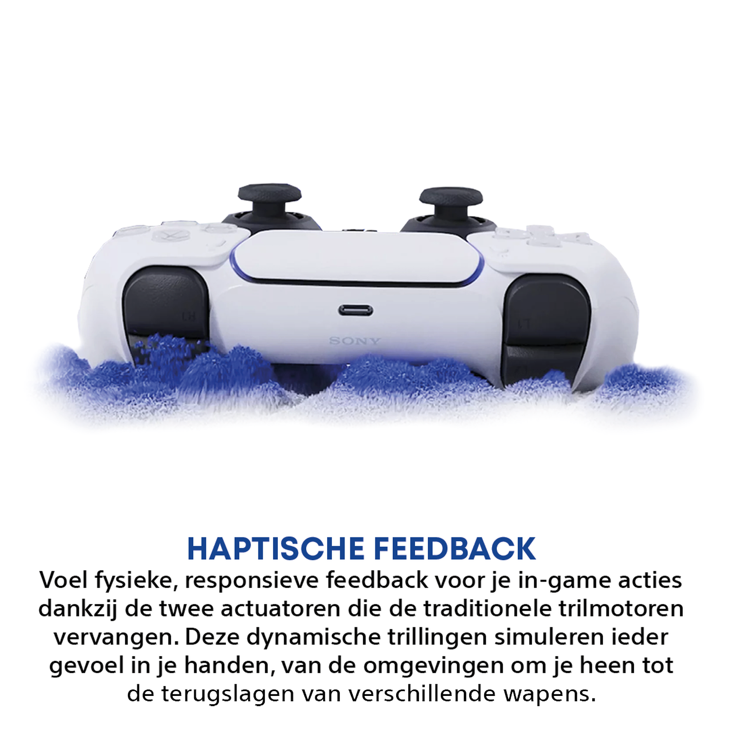 Een witte Sony controller met blauwe deeltjes eronder.
