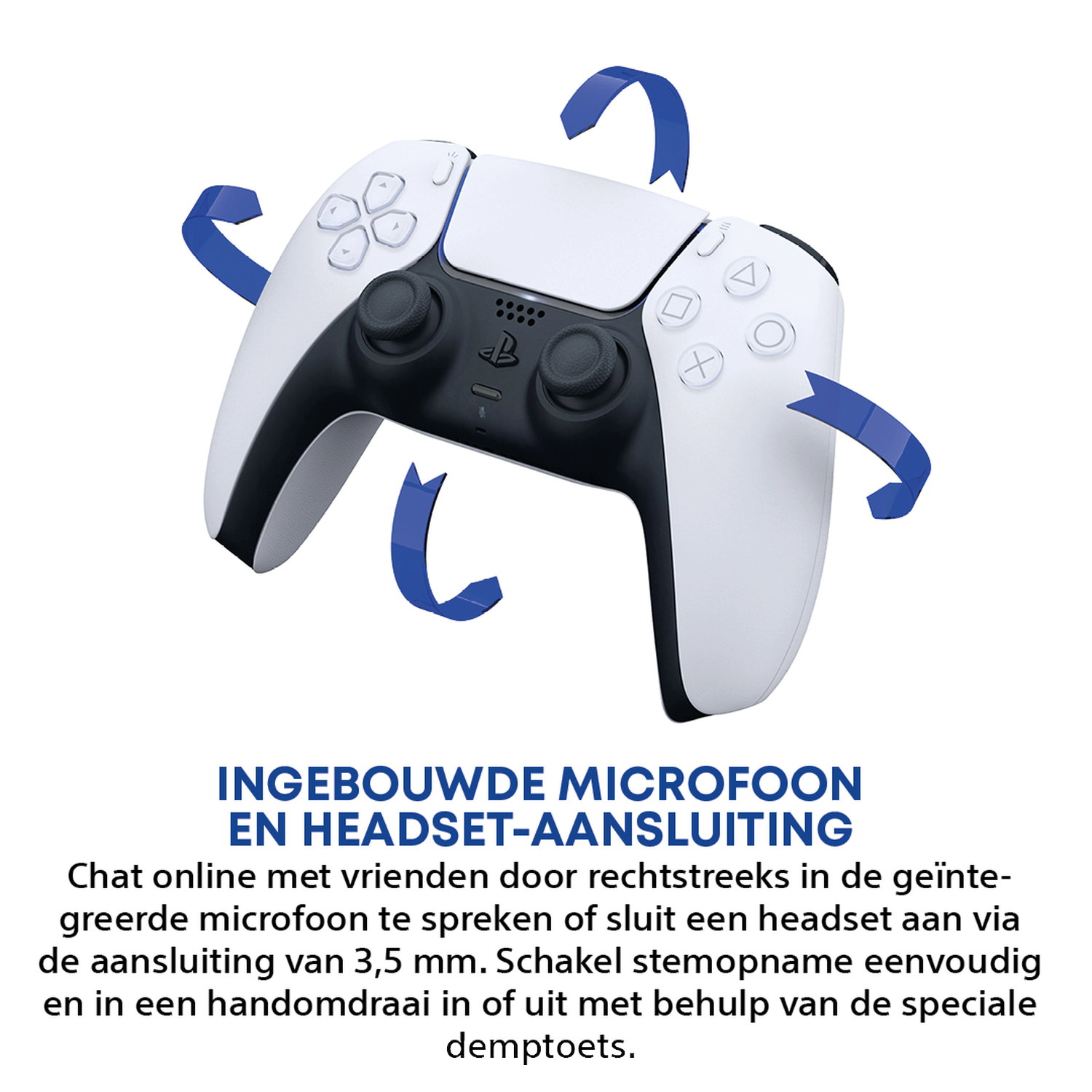 Een witte en zwarte PlayStation 5 controller met blauwe pijlen die functies aangeven.