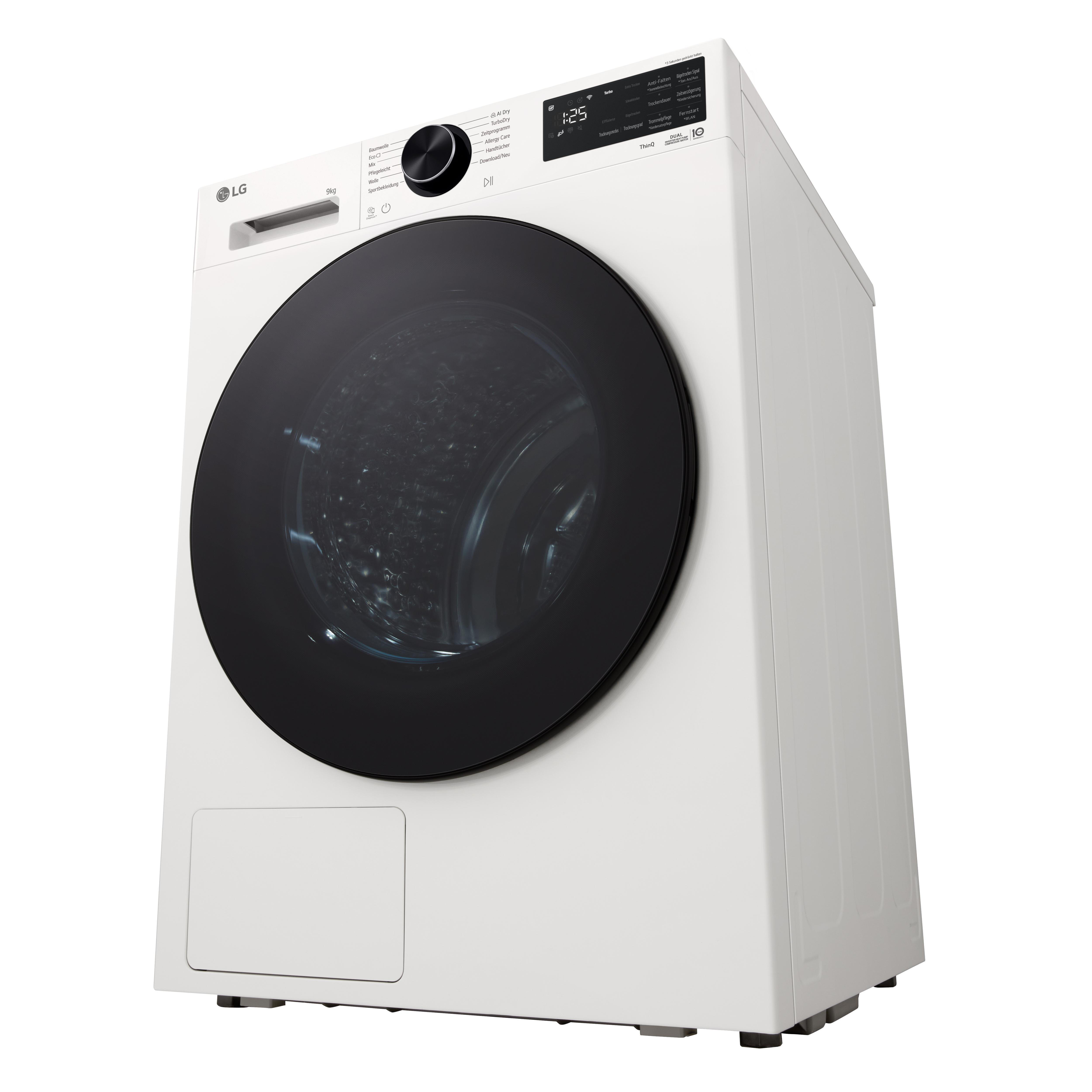 Weiße LG Waschmaschine mit großer runder schwarzer Tür und Bedienfeld.