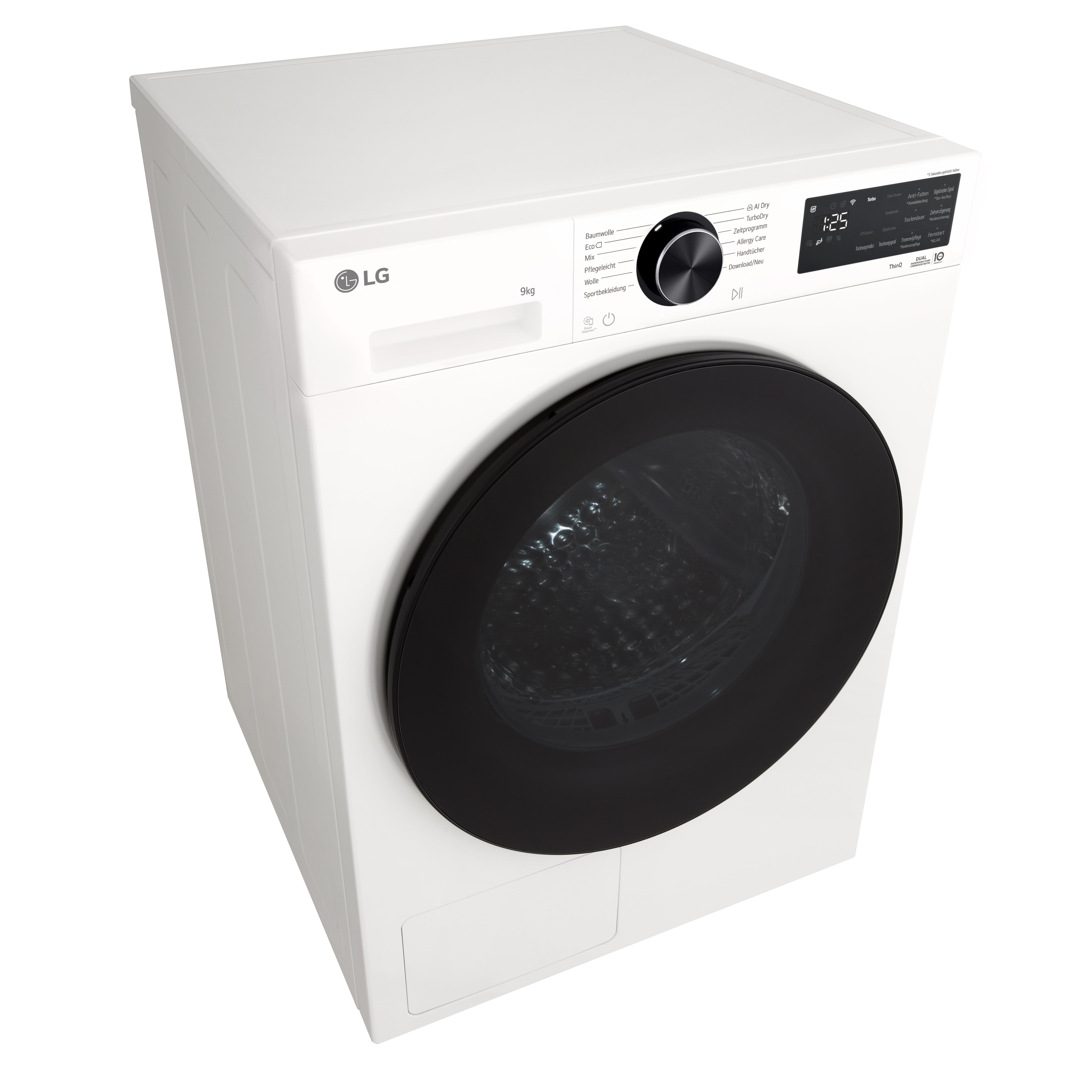 Weiße LG Waschmaschine mit schwarzer Tür und Bedienfeld. Kapazität 9kg.