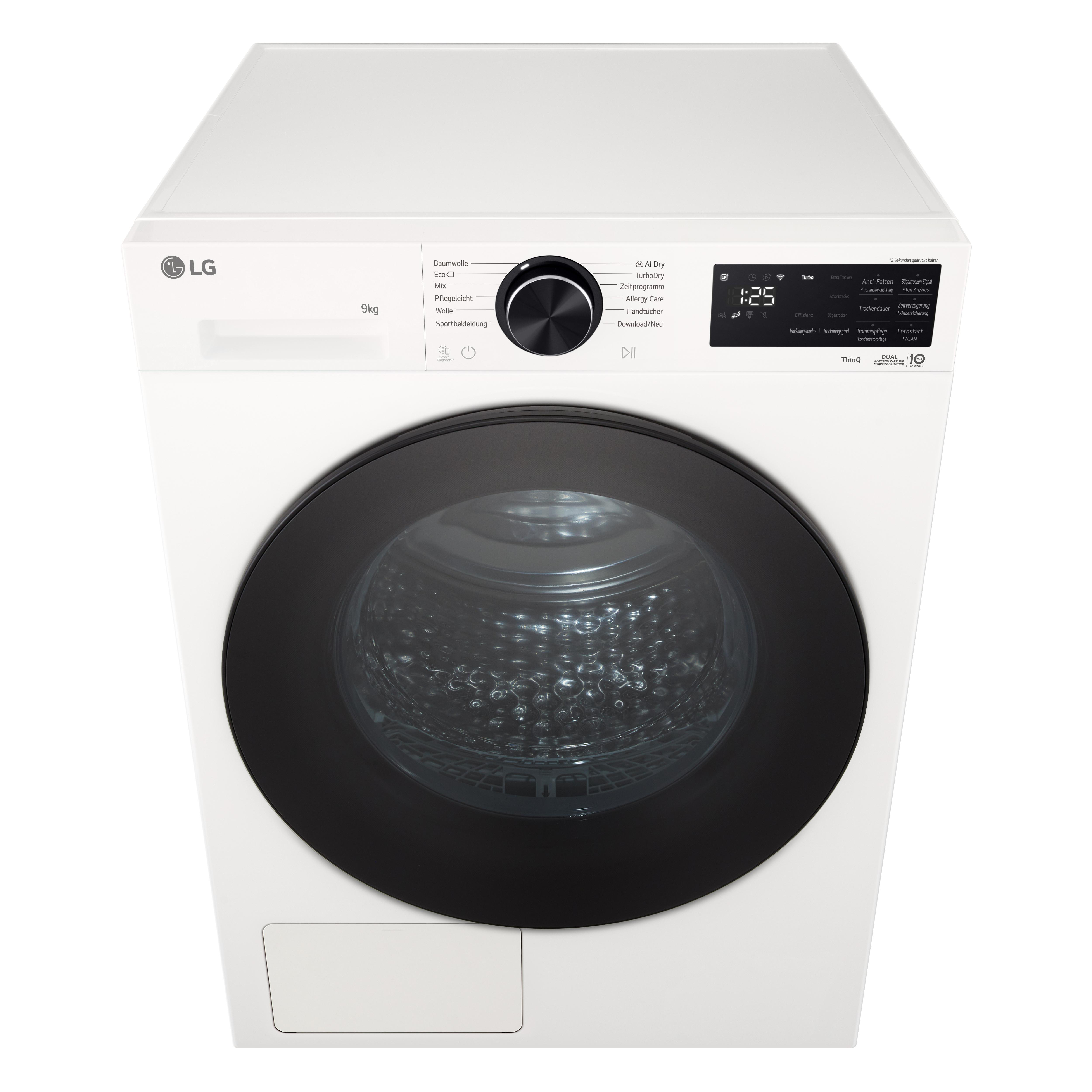 Eine weiße LG Waschmaschine mit schwarzer Tür und Bedienfeld. 9kg Kapazität.