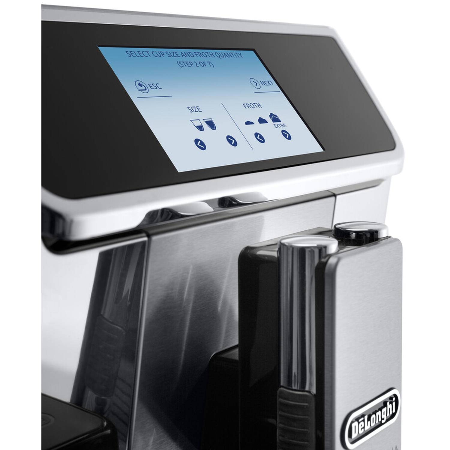Koffiezetapparaat display toont selectie kopgrootte en melkschuim.