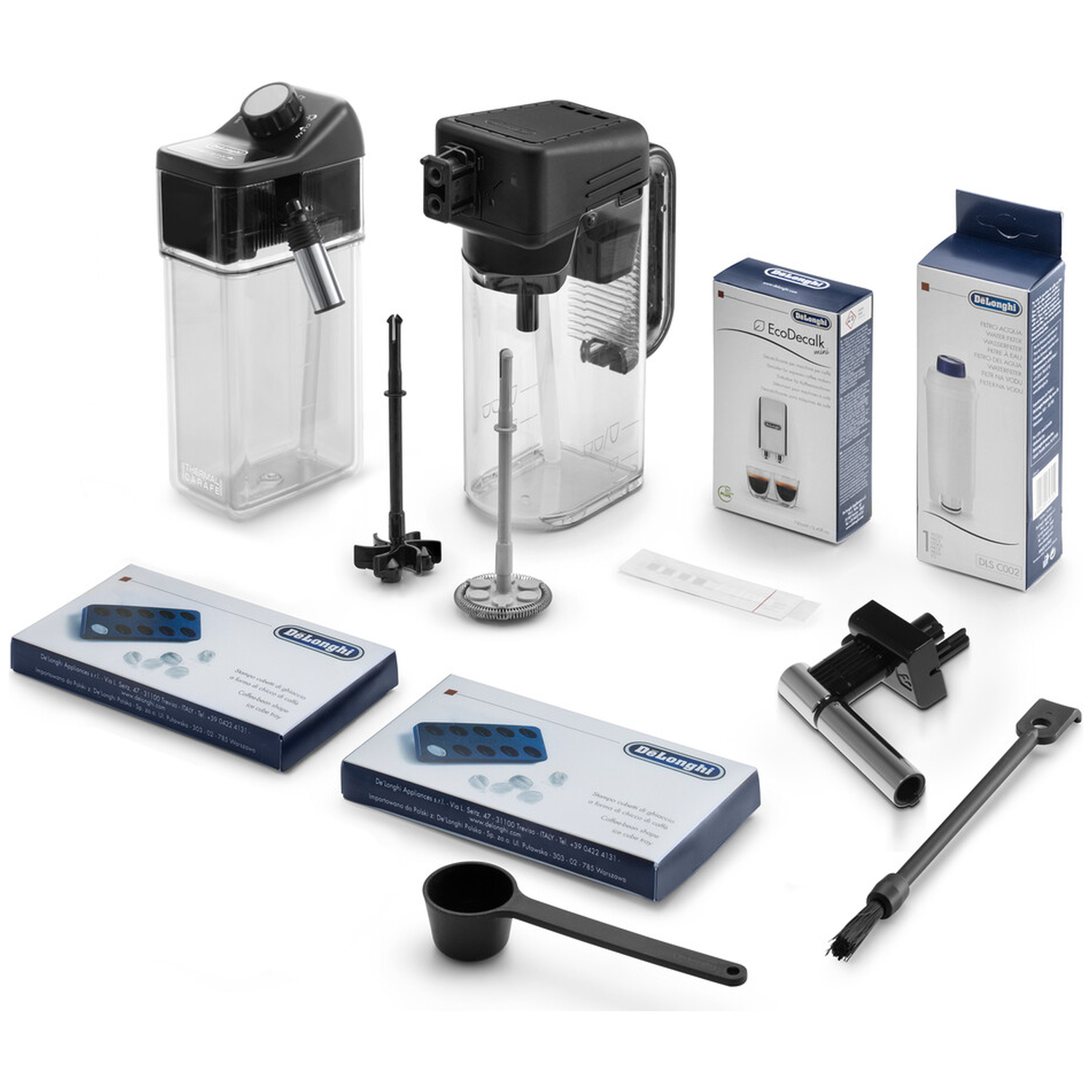 Koffiezetapparaat accessoires: melkreservoir, waterfilter, ontkalker, schepje, borstel.