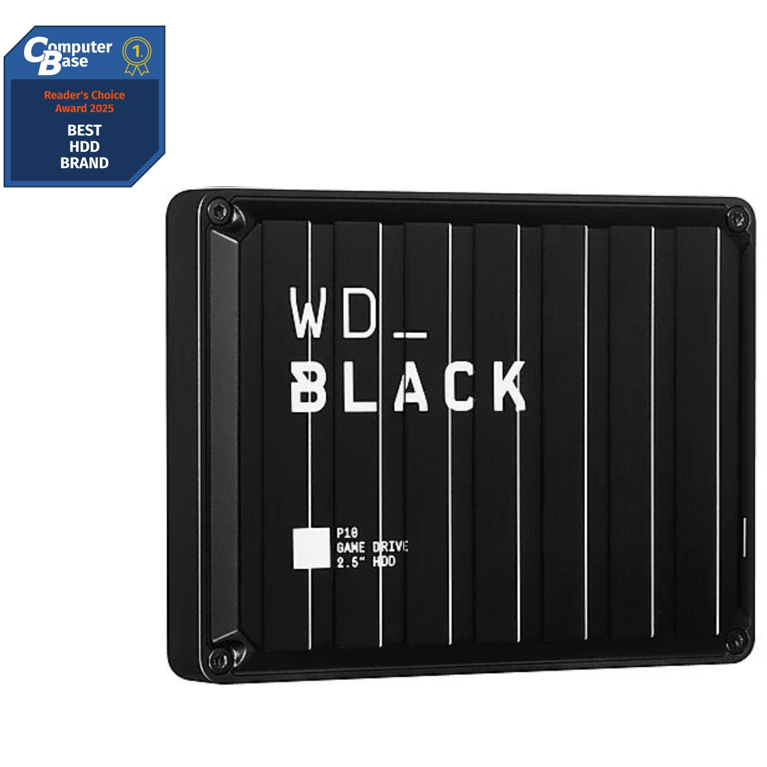 Un disco portatil gaming wd con una insignia de premio que dice Computer Base numero uno Reader's Choice Award 2025 Best HDD Brand