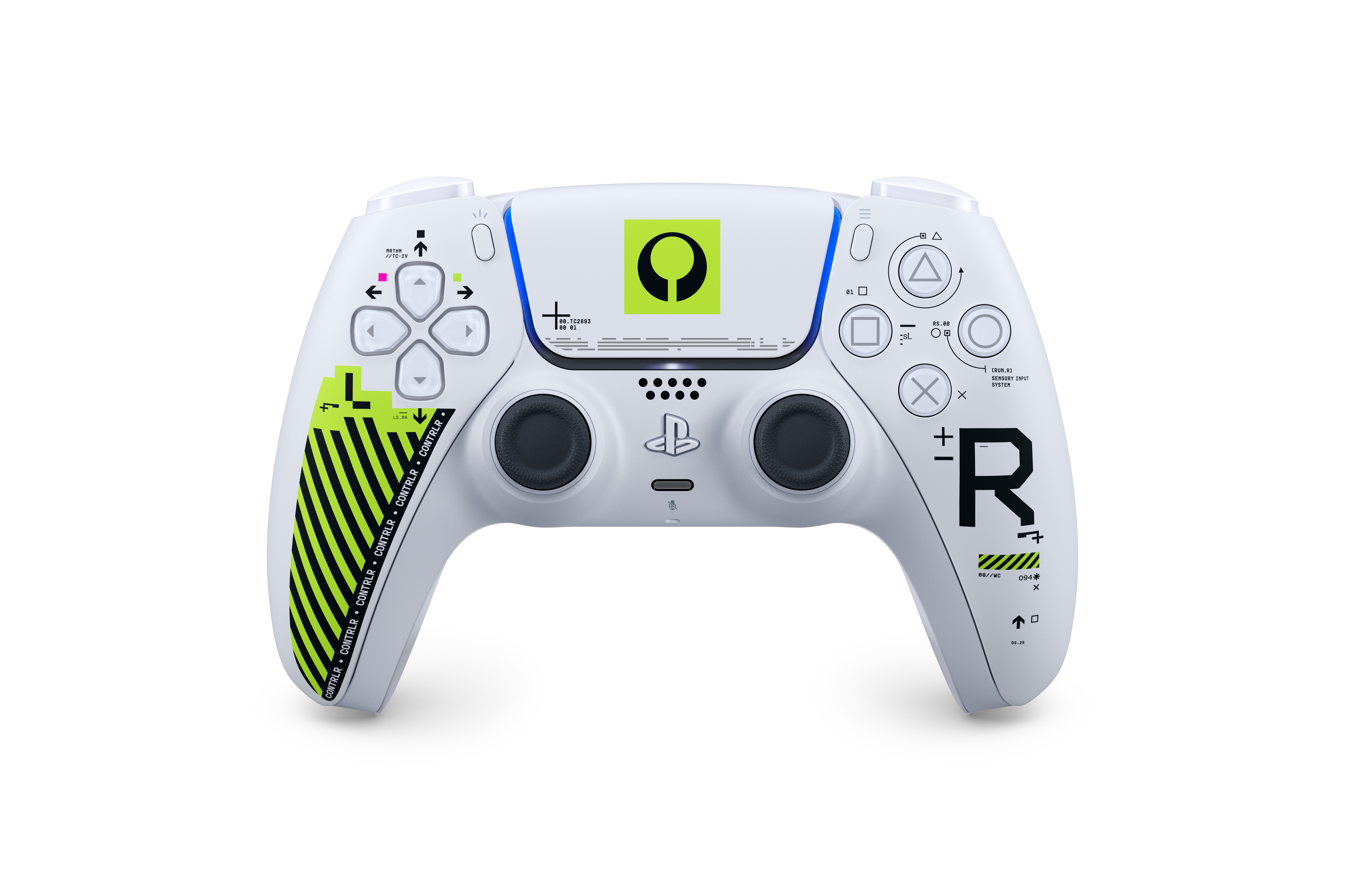Ein weißer Controller mit schwarzen und neongrünen Akzenten auf weißem Hintergrund.