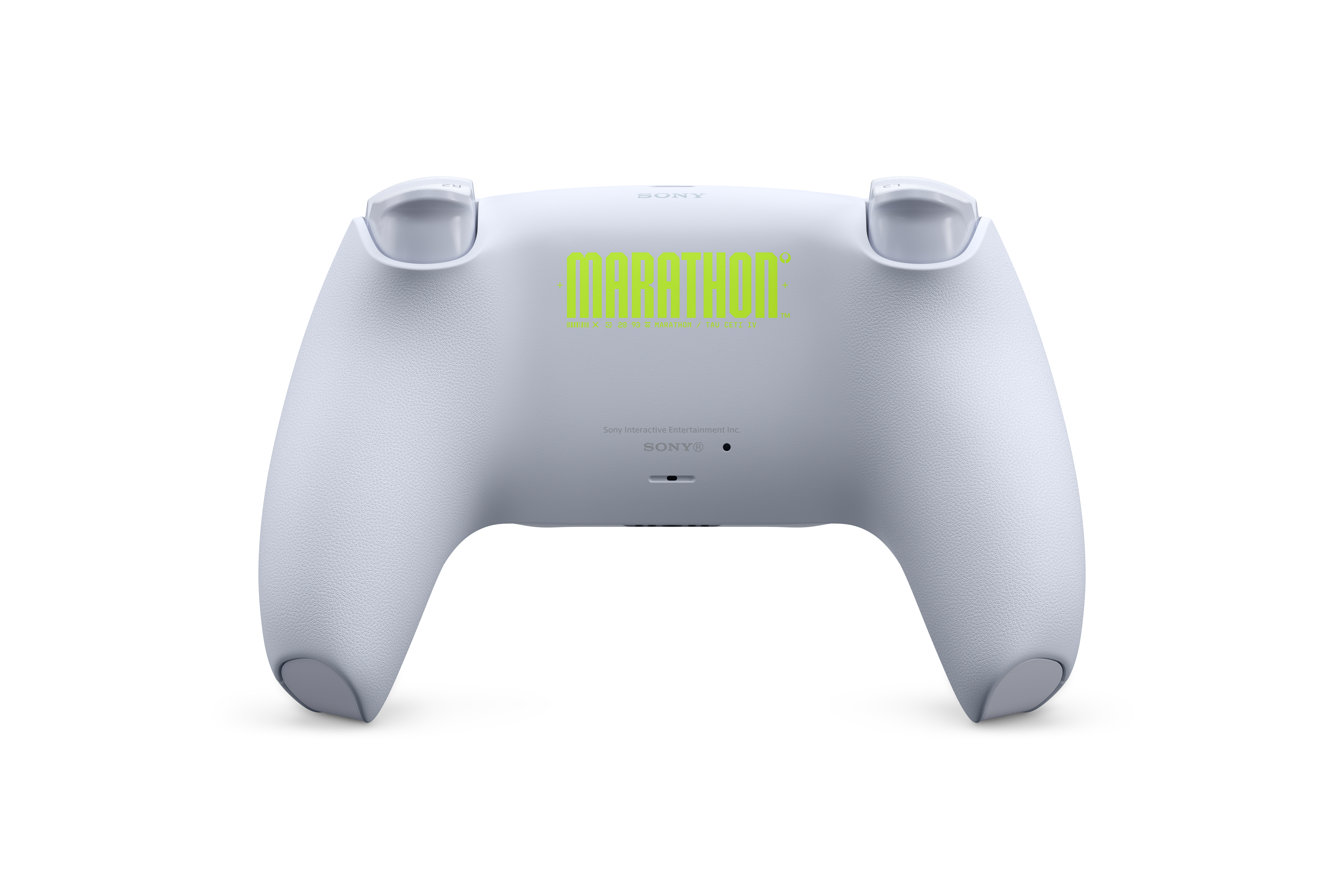 Ein weißer PlayStation 5 Controller mit einem neongrünen MARATHON Logo.
