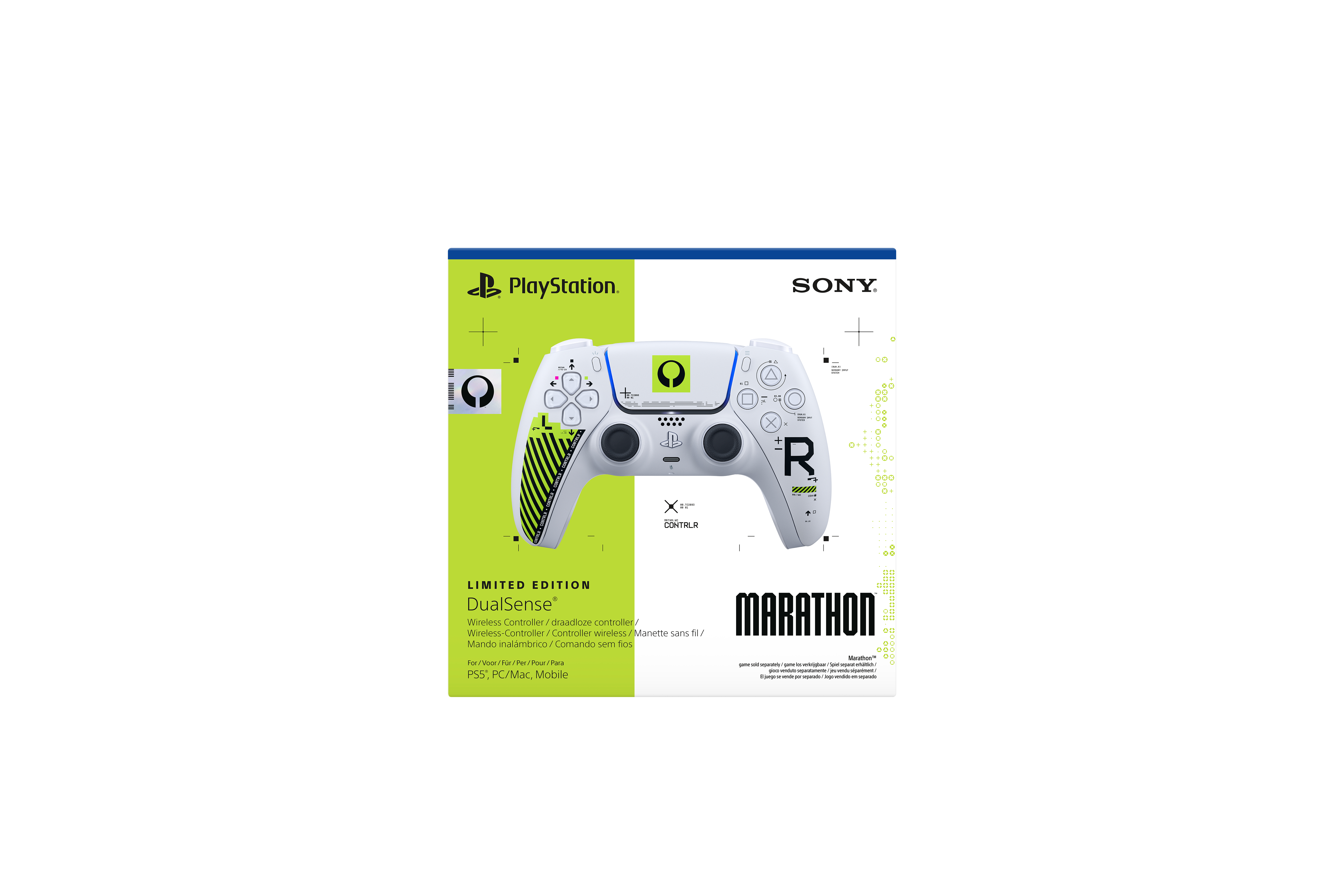 Weiße PlayStation DualSense-Controller-Box mit grünen Akzenten und Controller-Abbildung.