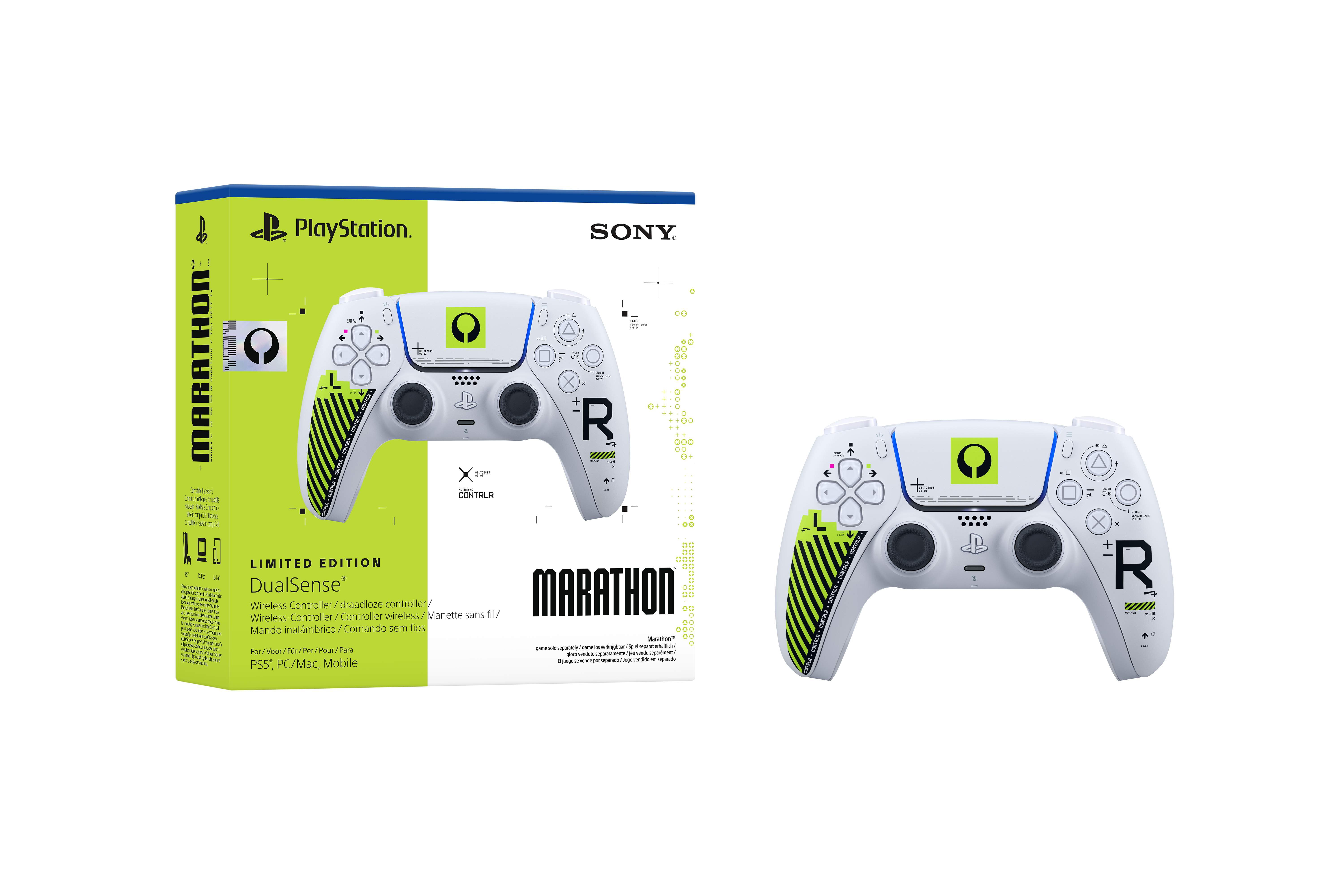 Ein weißer PlayStation DualSense-Controller mit grünen und schwarzen Akzenten, mit dem Logo von Marathon.