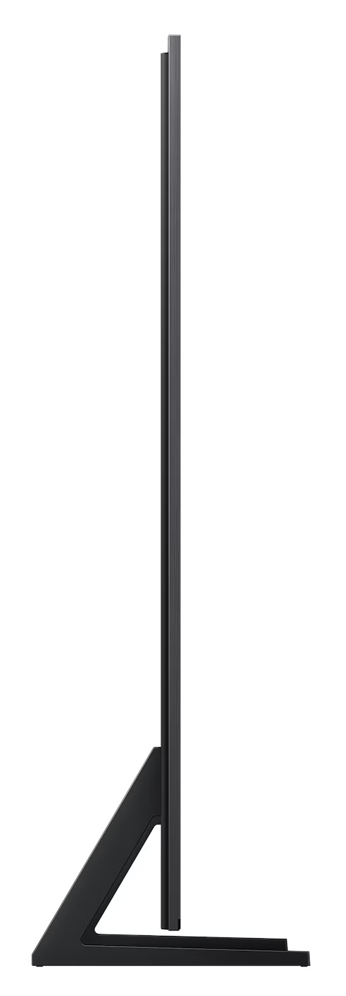 Czarny telewizor ze stylowym stojakiem, pokazany z boku.