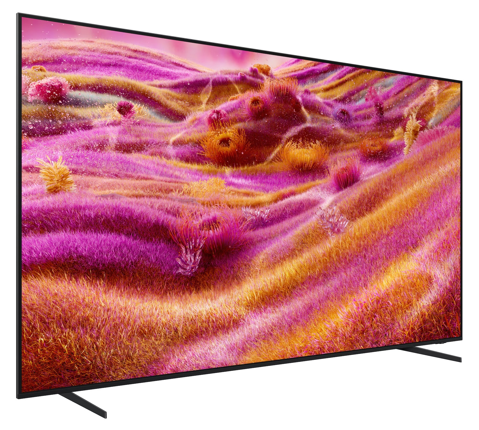 Nowoczesny telewizor wyświetla abstrakcyjny krajobraz w odcieniach różu i pomarańczy.