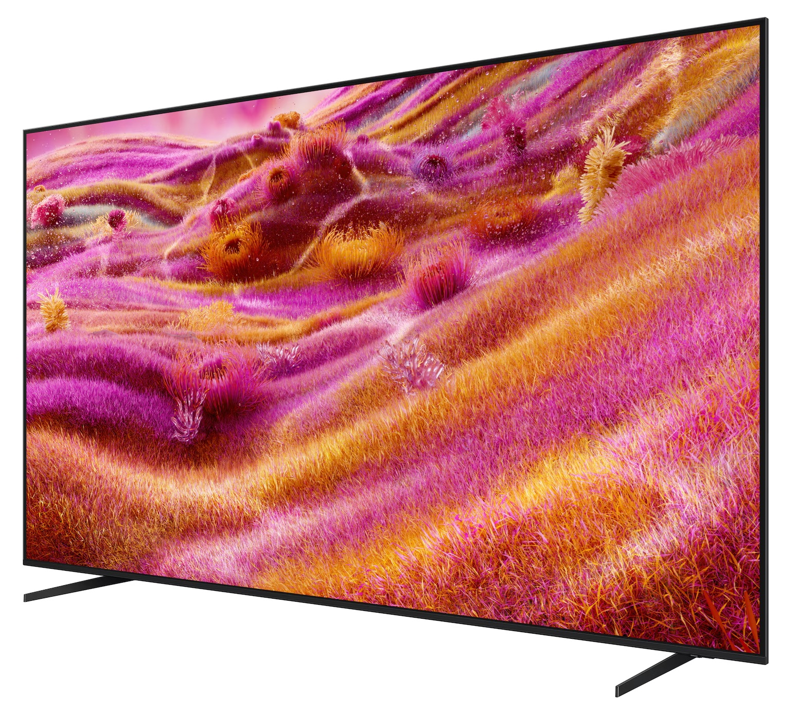 Nowoczesny telewizor wyświetla żywy, abstrakcyjny obraz różowych i pomarańczowych tekstur trawy.