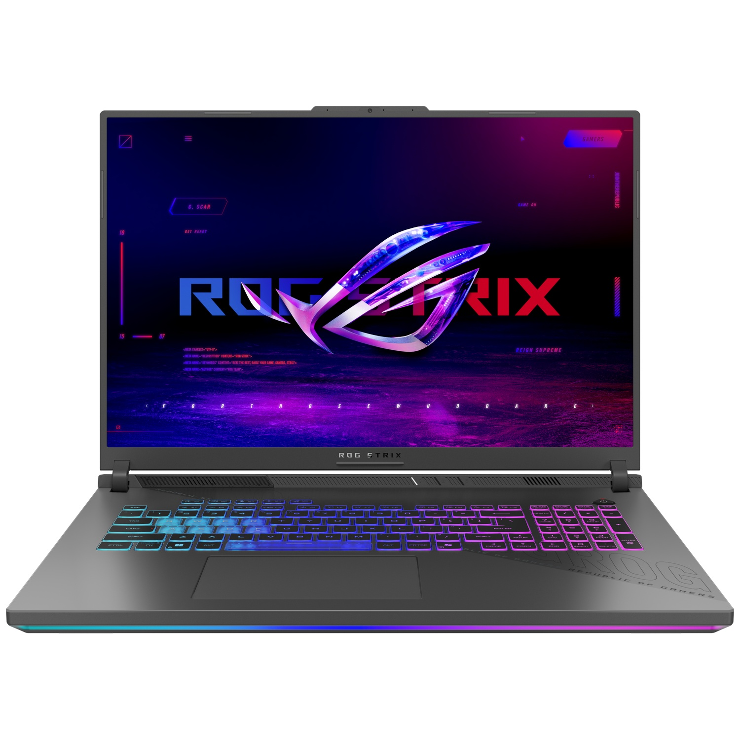 A ROG Strix gaming laptop with a backlit keyboard and RGB lighting.