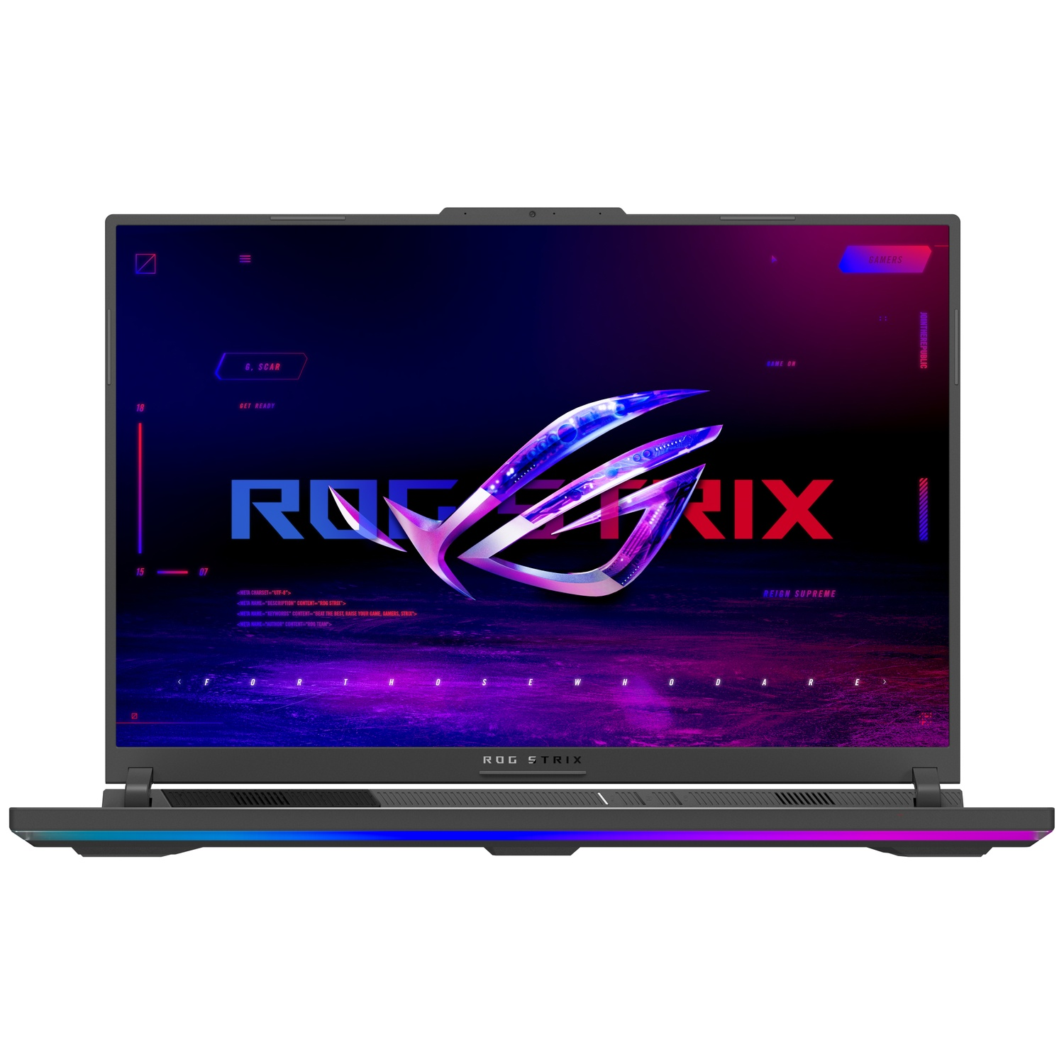 A ROG Strix gaming laptop with a glowing logo and RGB lighting.
