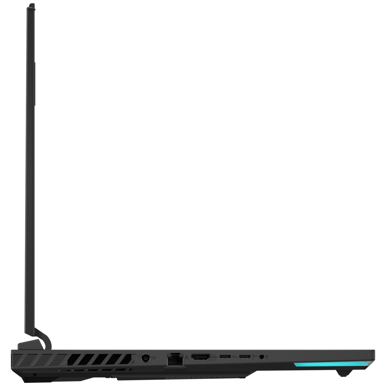 Black laptop viewed from the side, open, showing ports and a blue light strip.