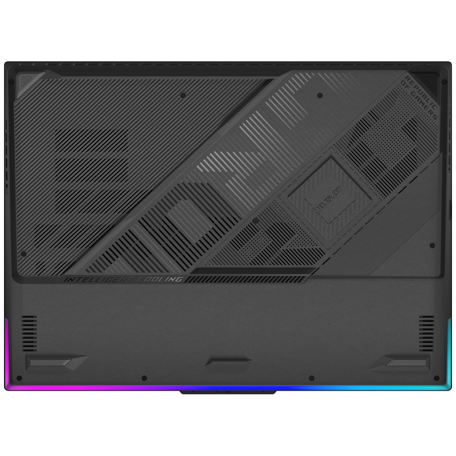 Underside of a black laptop with grooved texture, vents, and RGB lighting.