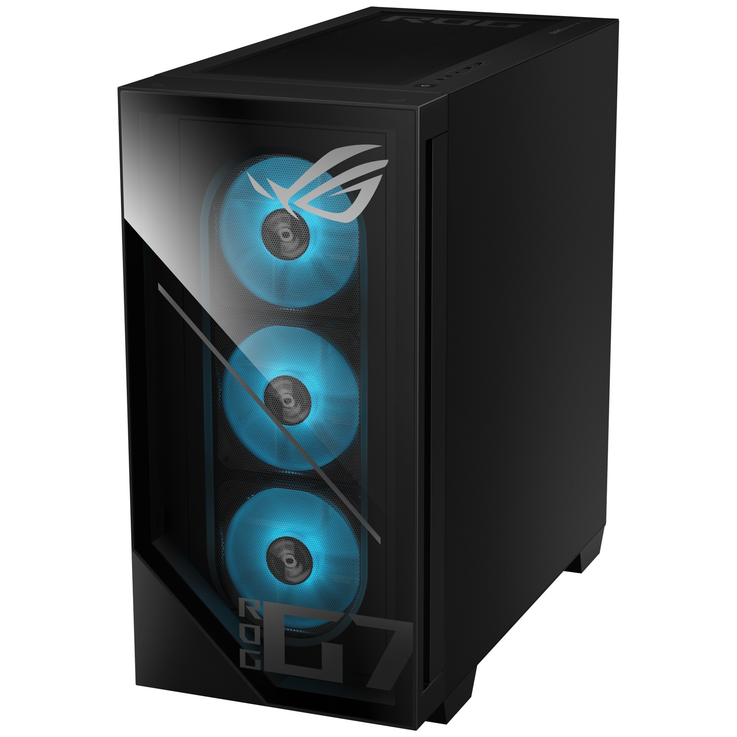 Black PC case with three bright blue fans and ROG logo.