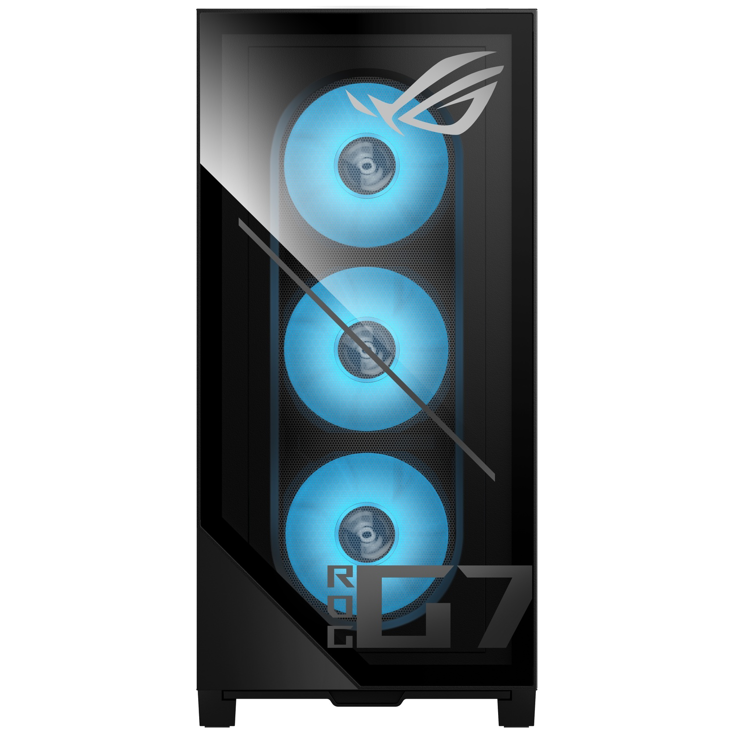 Black computer case with three blue fans and the ROG logo.