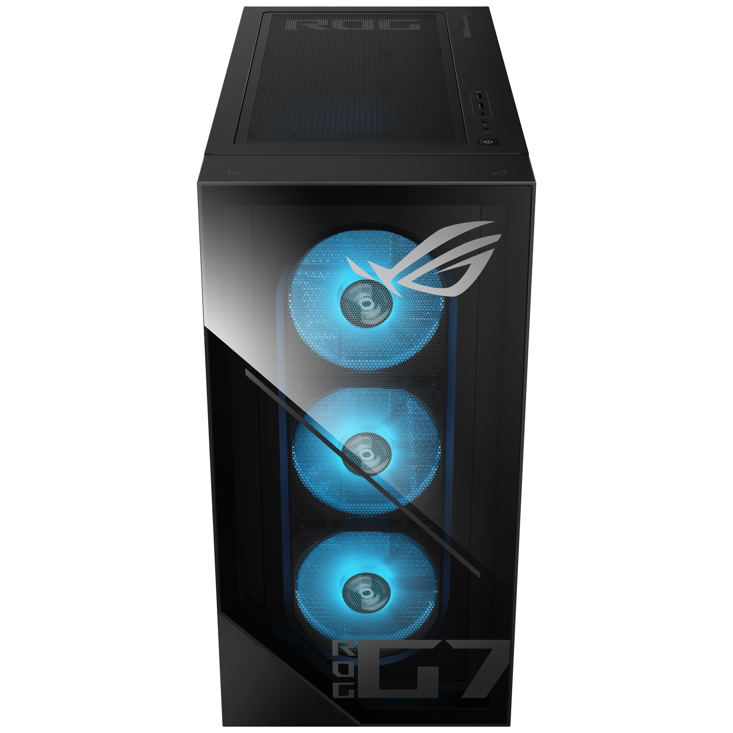 Black gaming PC with three blue fans and ROG logo.