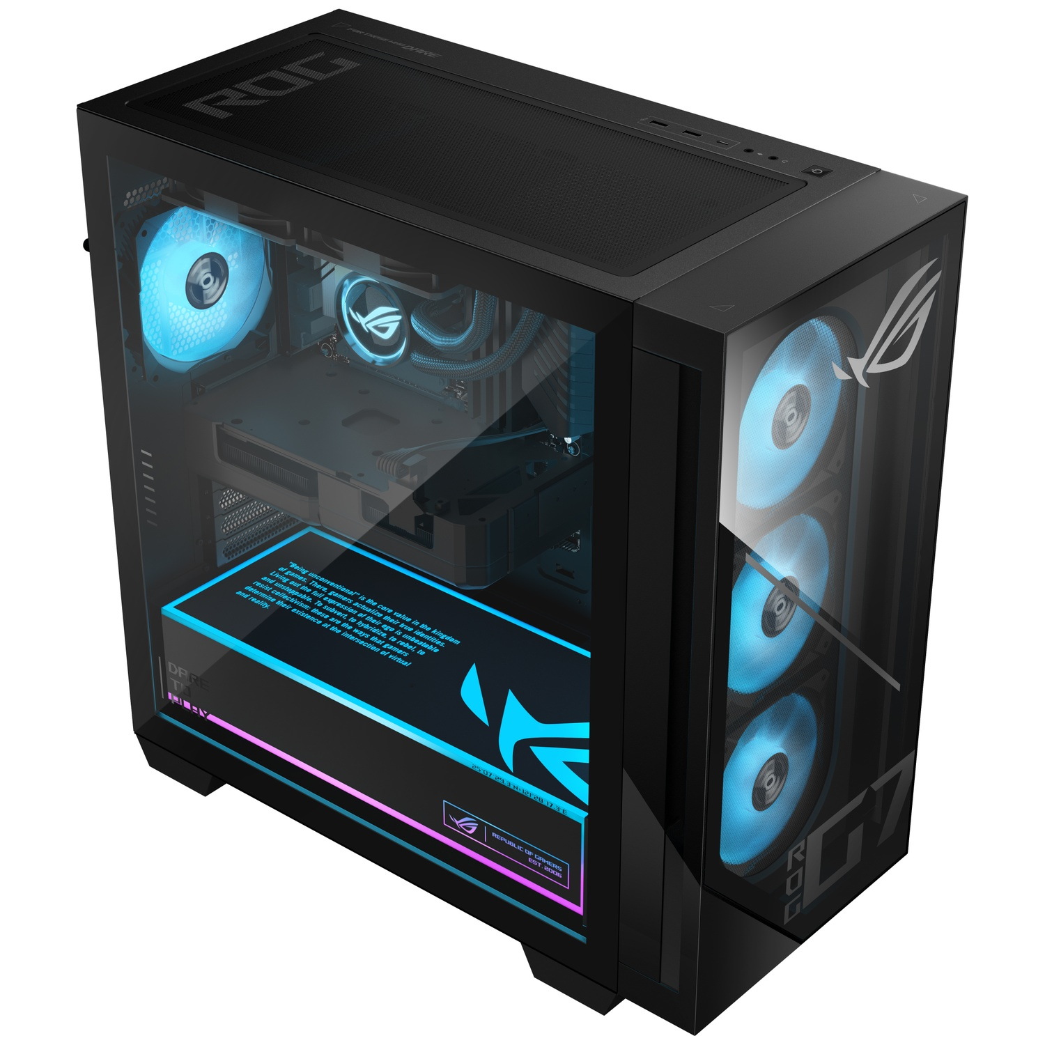 Black PC case with blue fans, ROG logo, and illuminated strips.