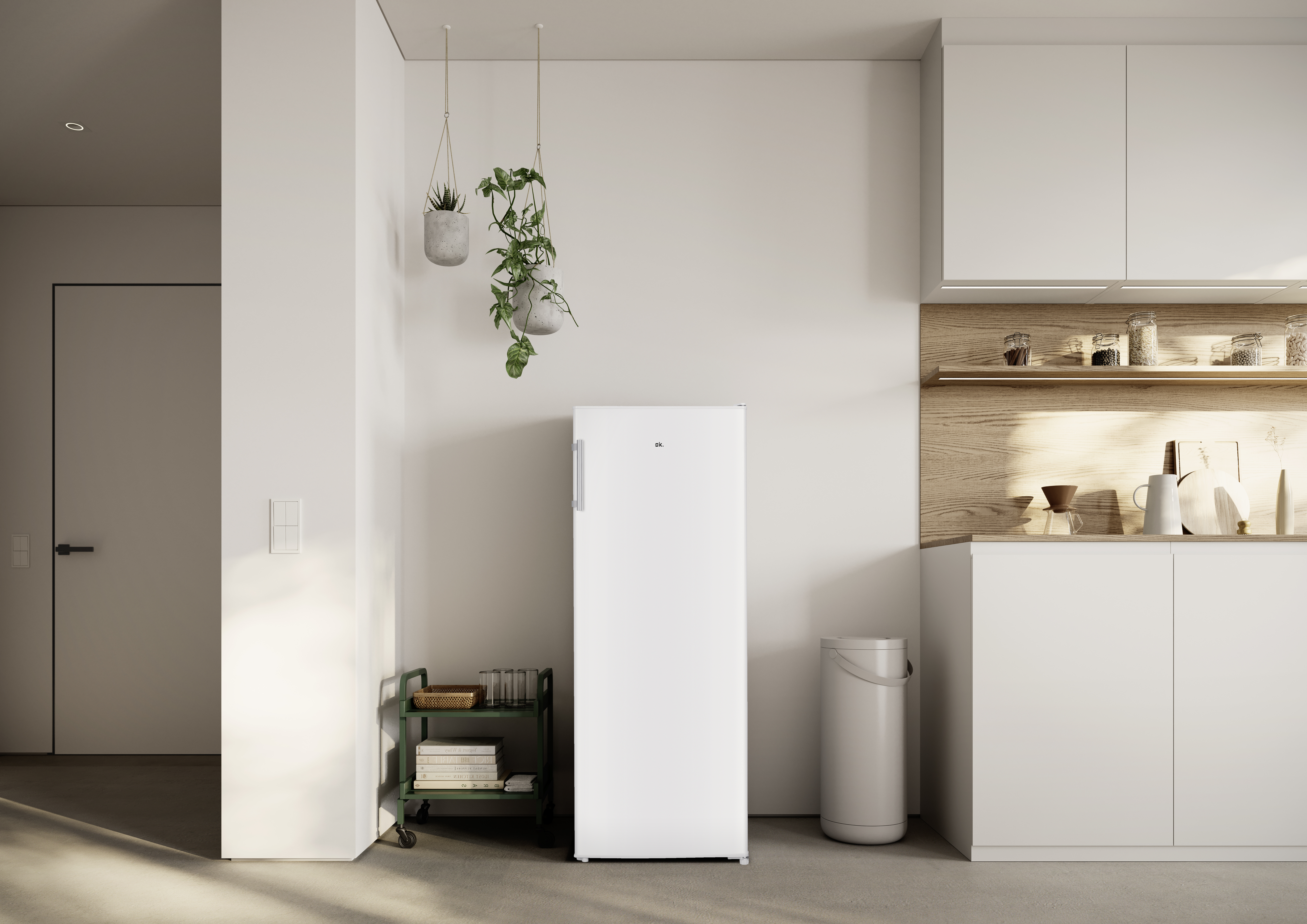 Un refrigerador blanco se encuentra en una cocina moderna.