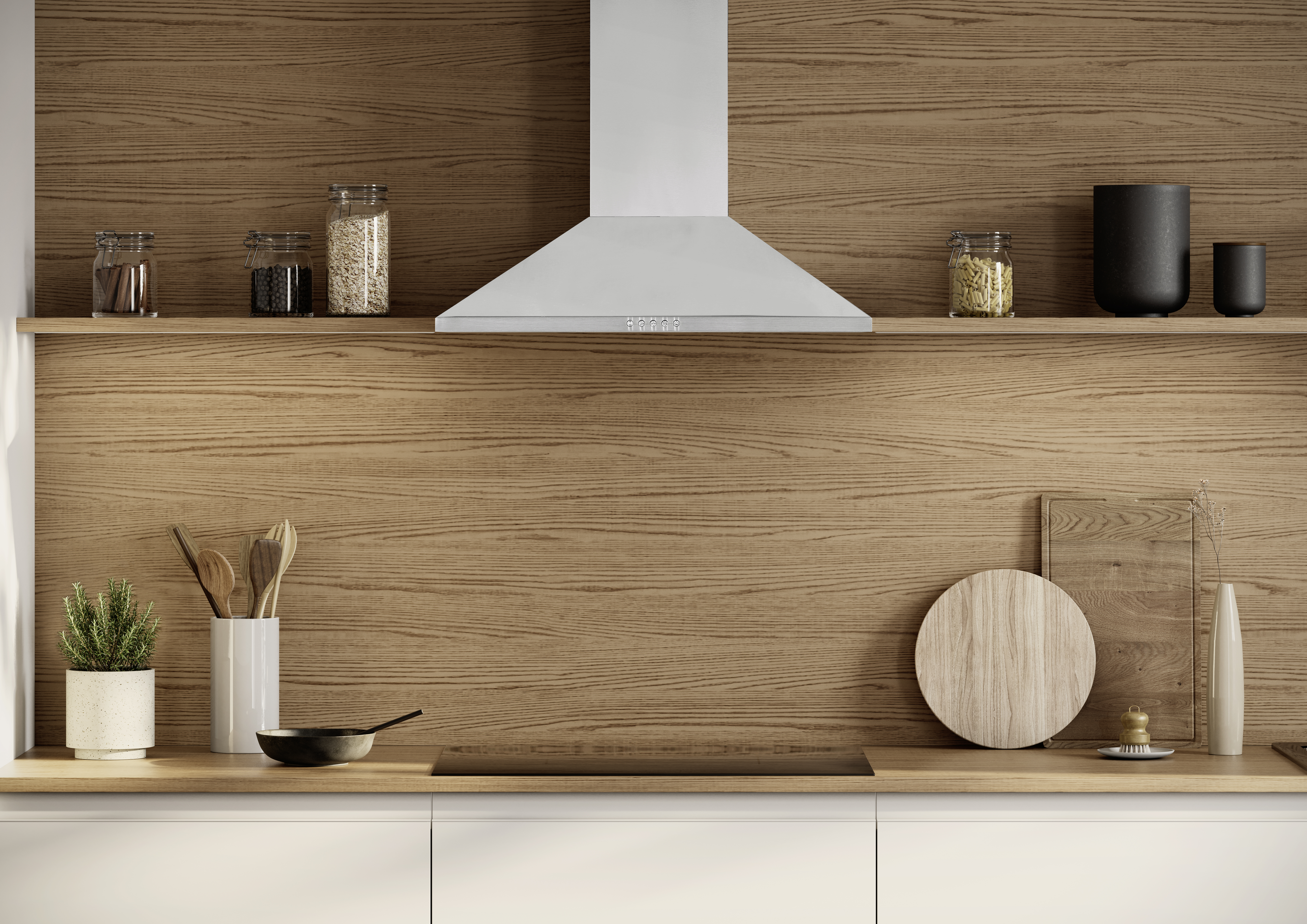 Nowoczesna kuchnia z drewnianą boazerią, okapem i naczyniami.