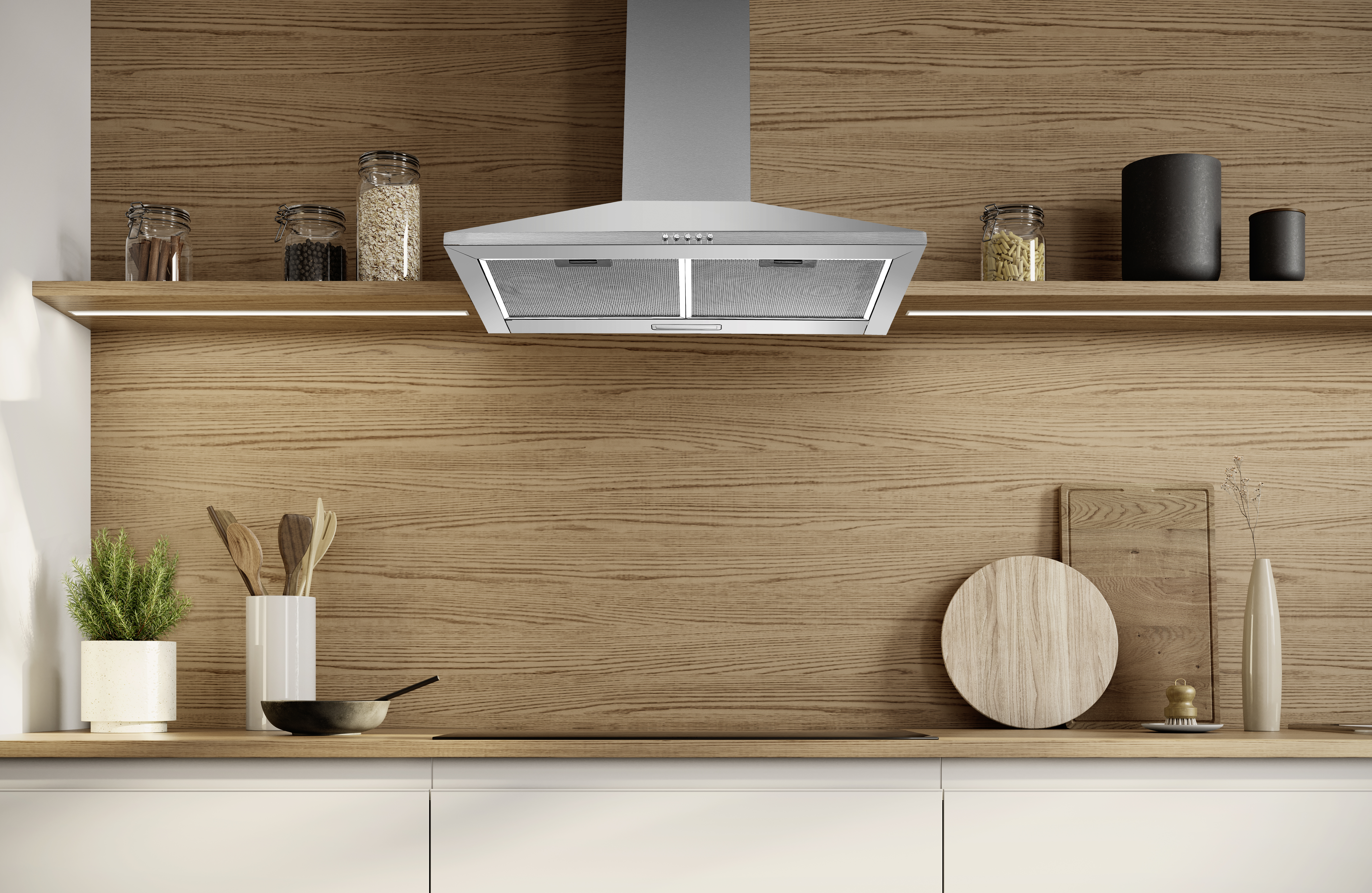 Nowoczesna kuchnia z okapem, drewnianymi akcentami i przyborami.