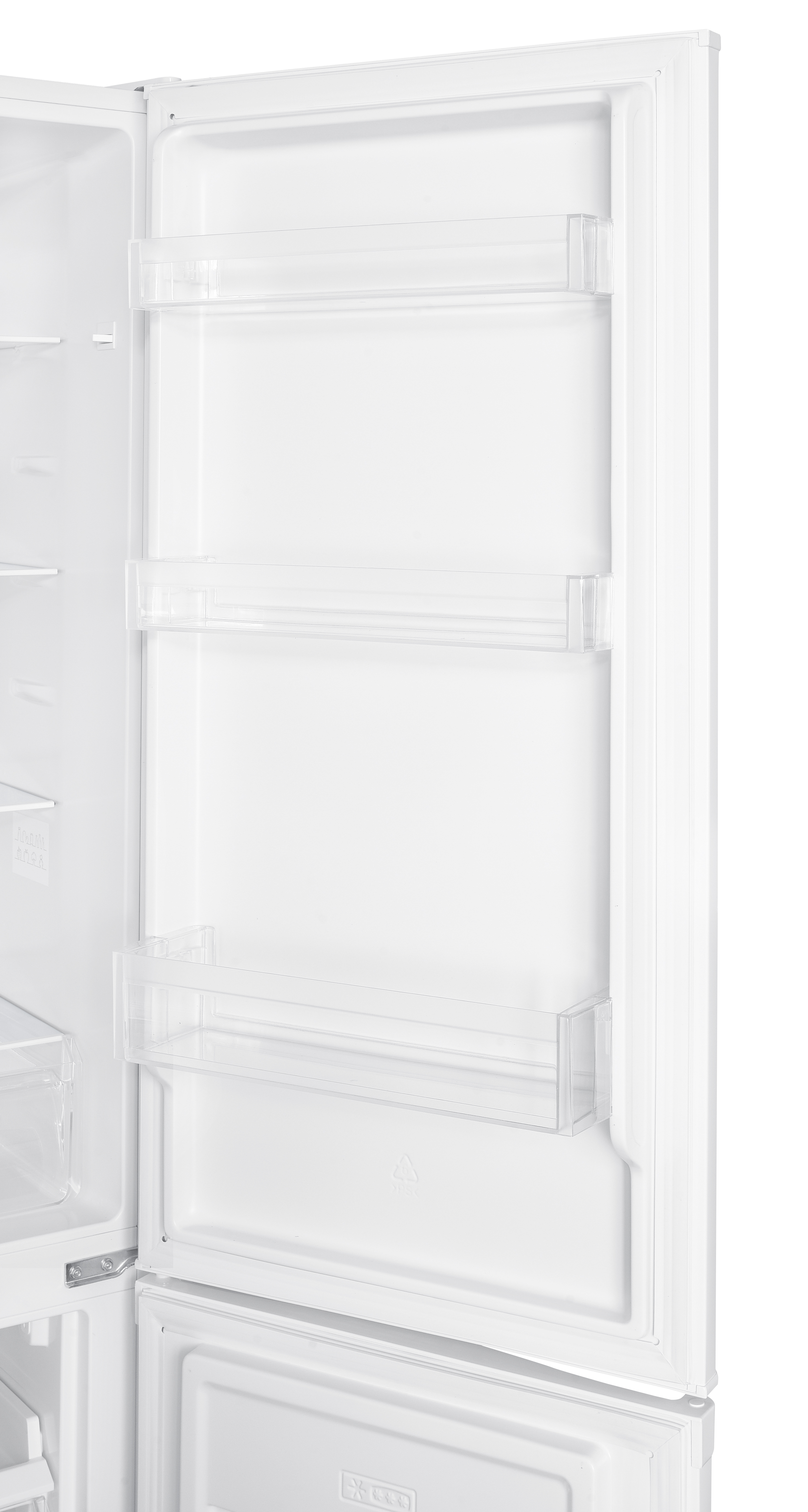 Puerta de refrigerador blanca con estantes y compartimentos transparentes.