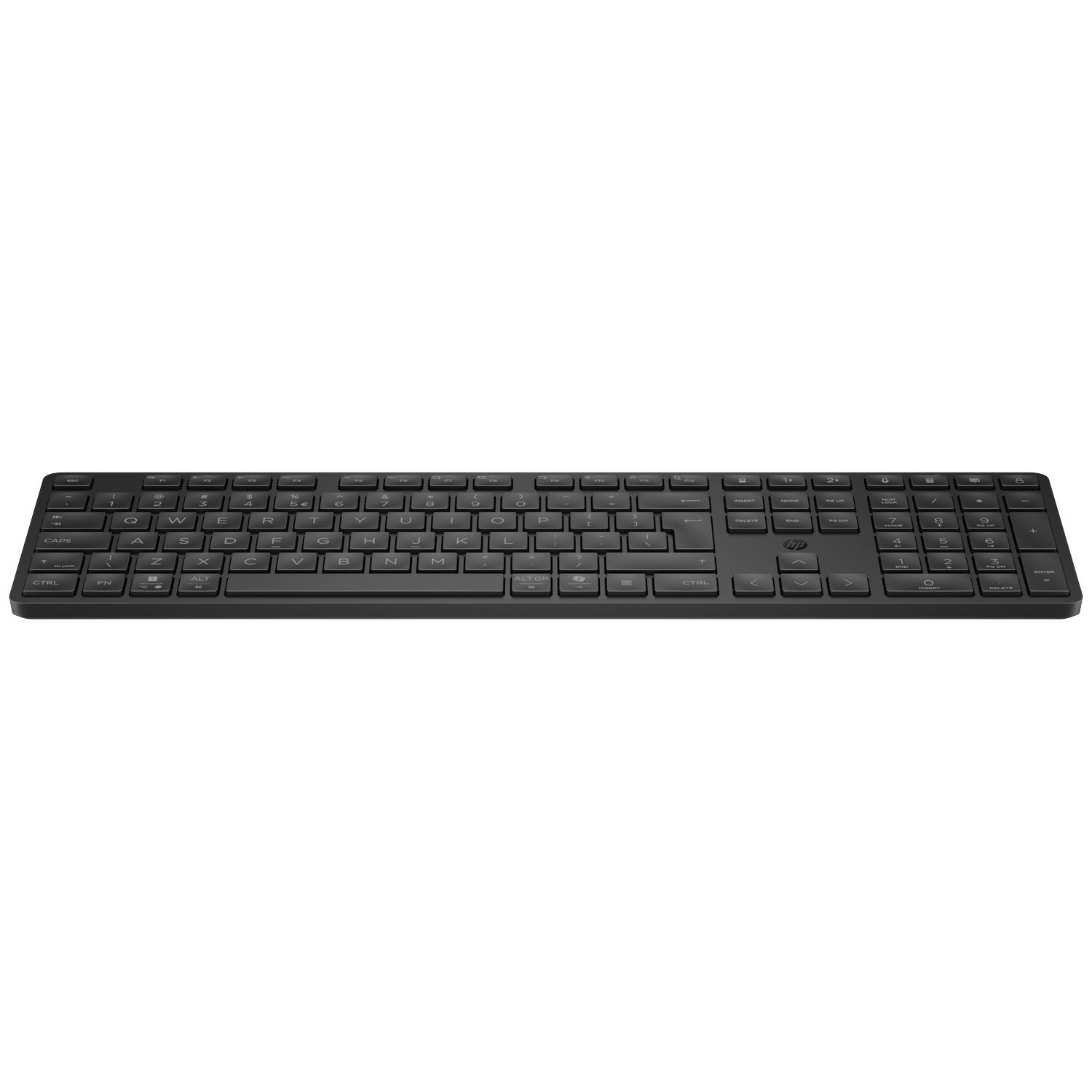A black keyboard with a number pad and HP logo.