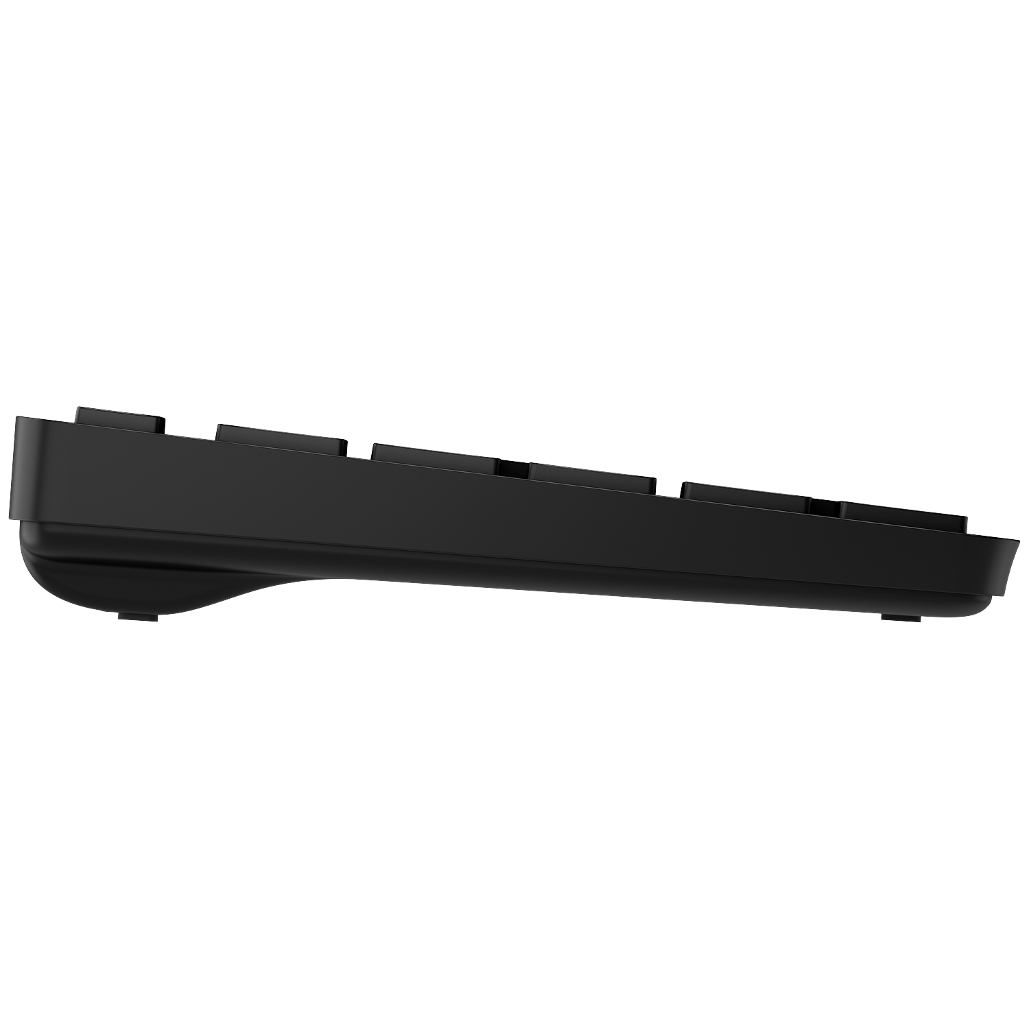 Black keyboard shown from the side on a white background.