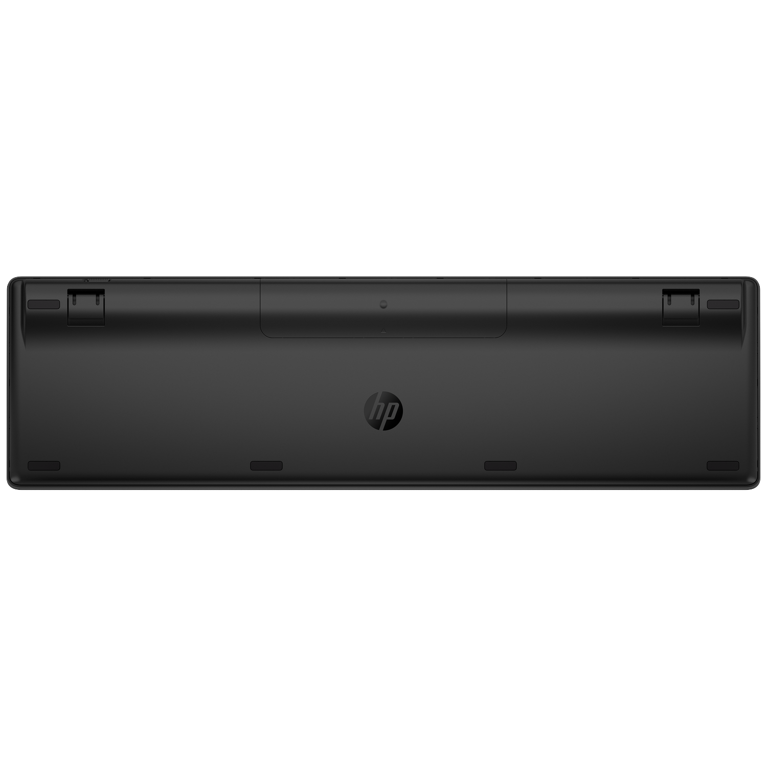 Underside of a black HP keyboard with a silver HP logo.