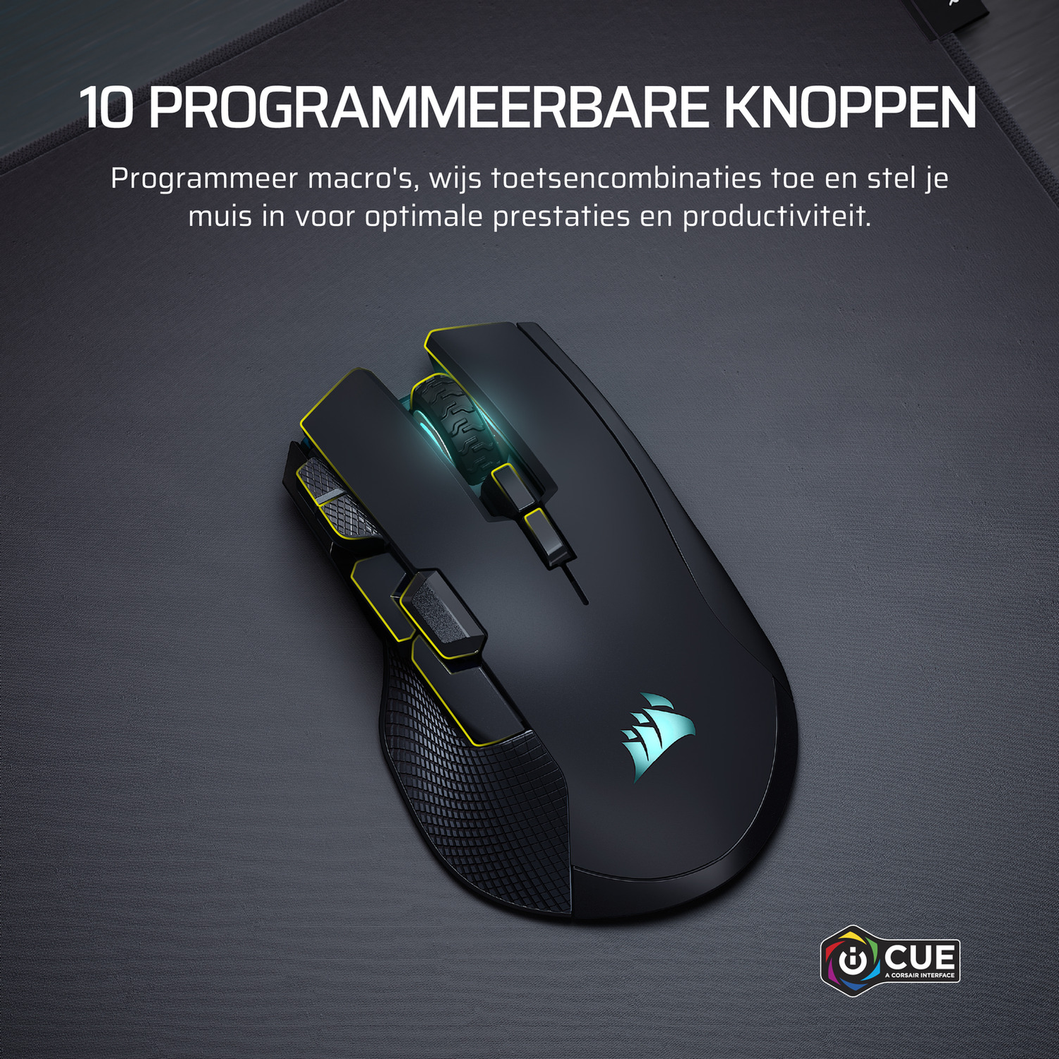 Zwarte gamingmuis met gele accenten op donkere ondergrond.