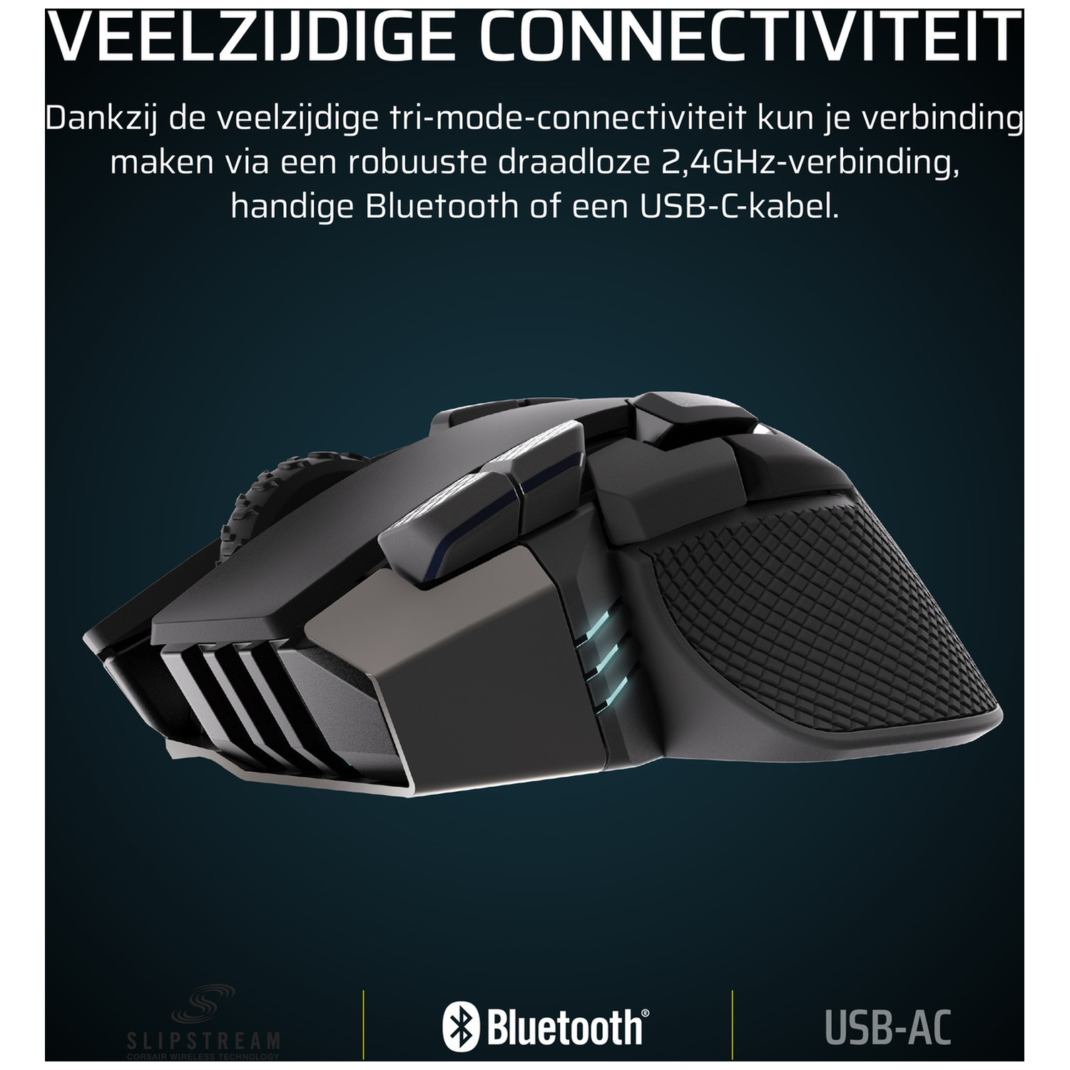 Zwarte gamingmuis met verlichte accenten, toont drie connectiviteitsopties.