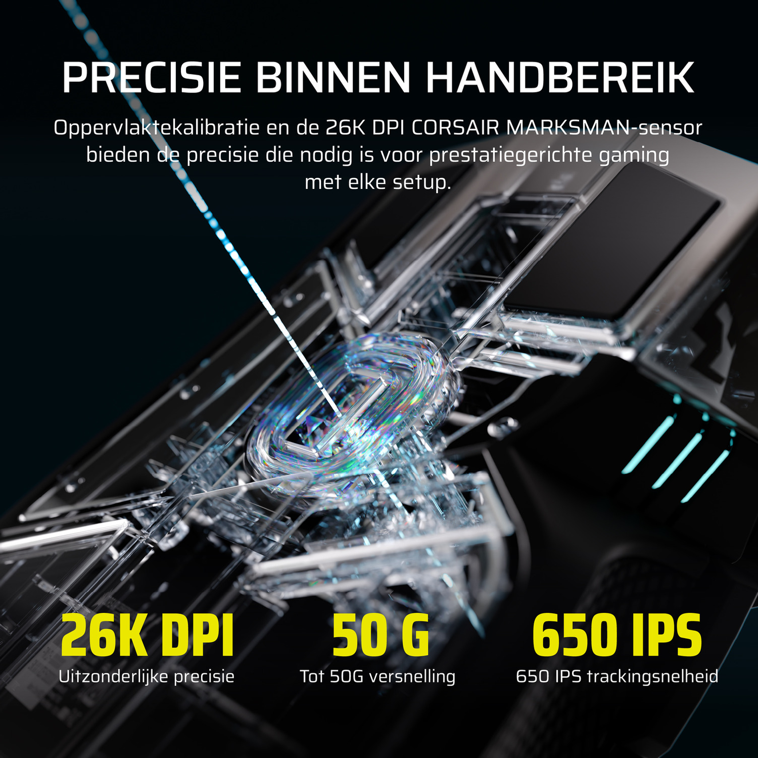 Close-up van een computermuis gericht op de sensor en technische specificaties.