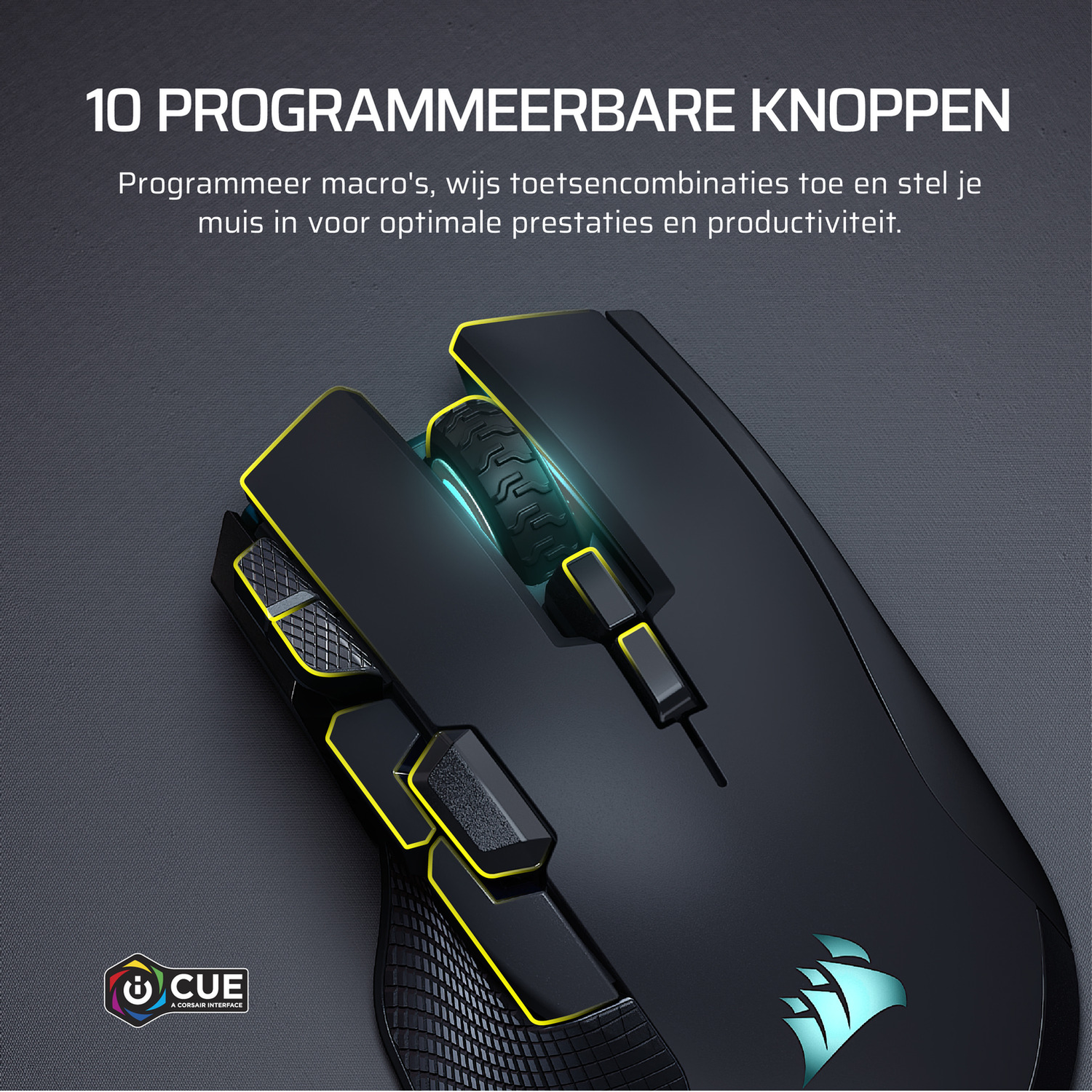 Zwarte gamingmuis met gele accenten en verlicht scrollwiel.
