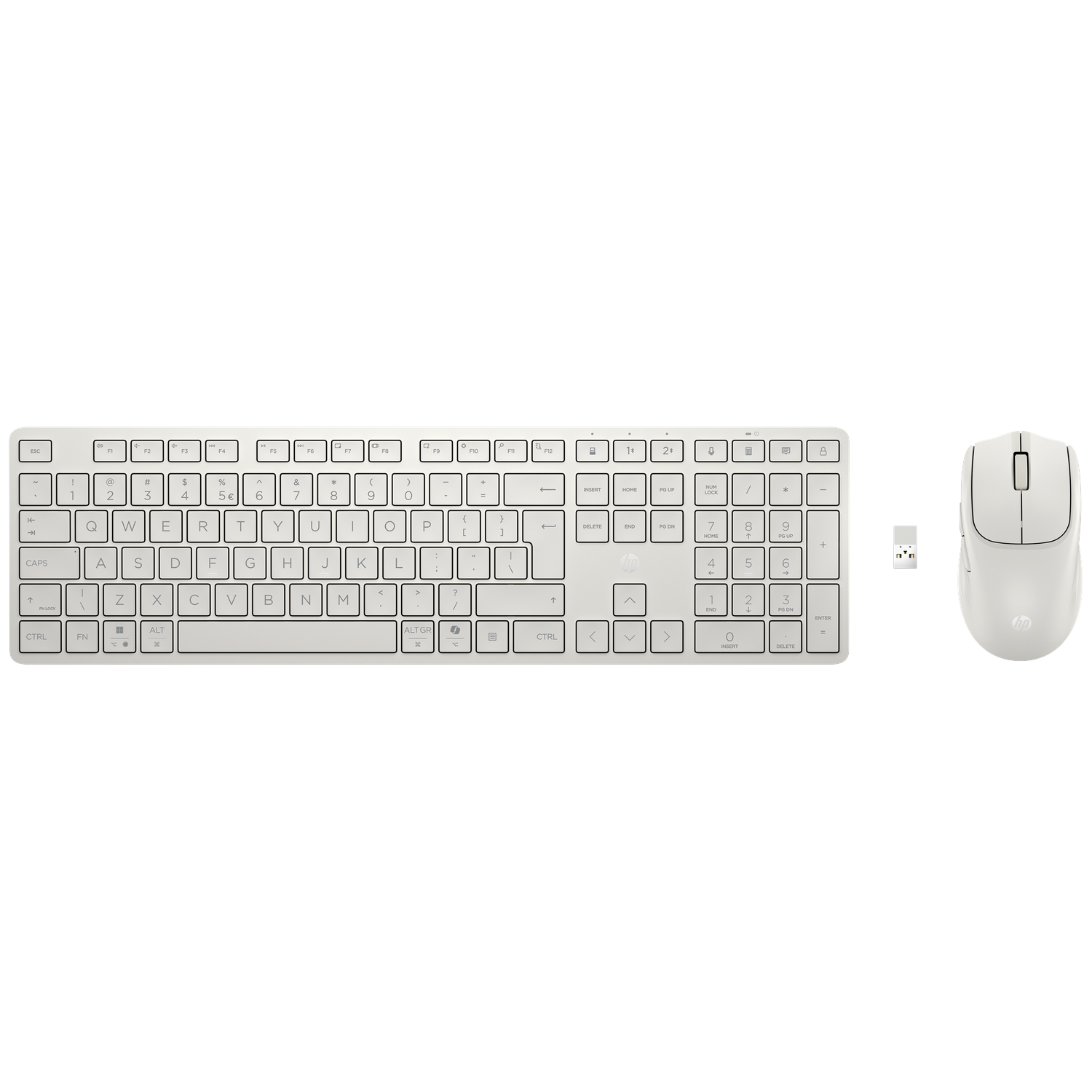 Wit draadloos toetsenbord en muis met USB-dongel op witte achtergrond.