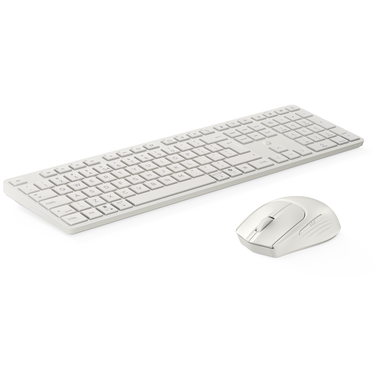 Een witte draadloze toetsenbord- en muisset op een witte achtergrond.