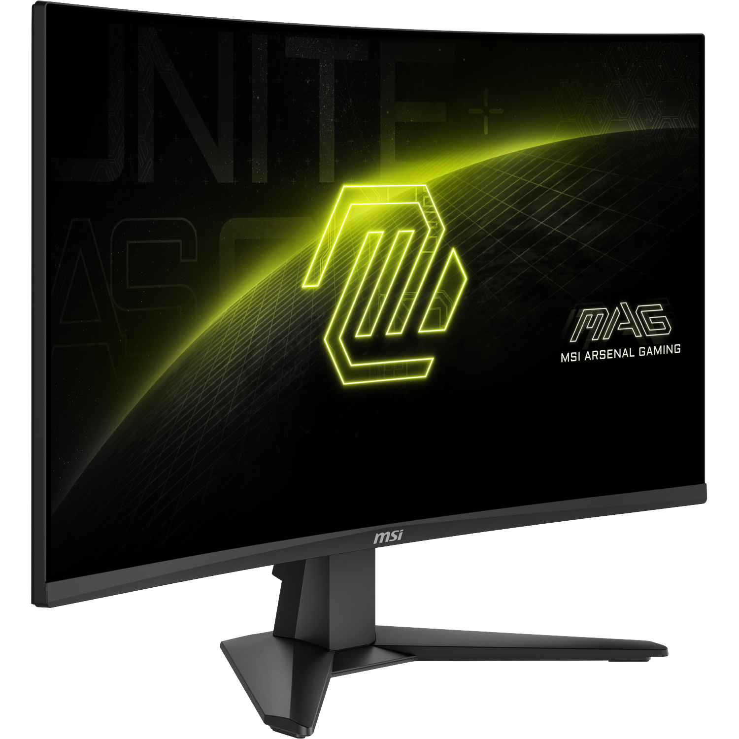 Een gebogen MSI gaming monitor toont een felgeel logo en geometrische patronen.