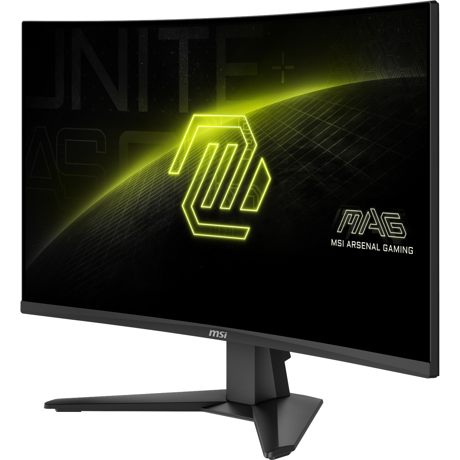 Een gebogen MSI gaming monitor toont een geel logo en tekst.
