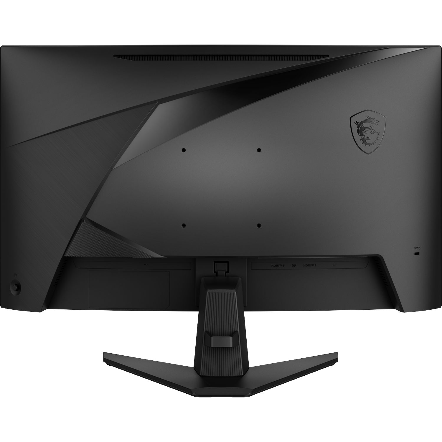 Achterkant van een zwarte monitor met MSI-logo en poorten.