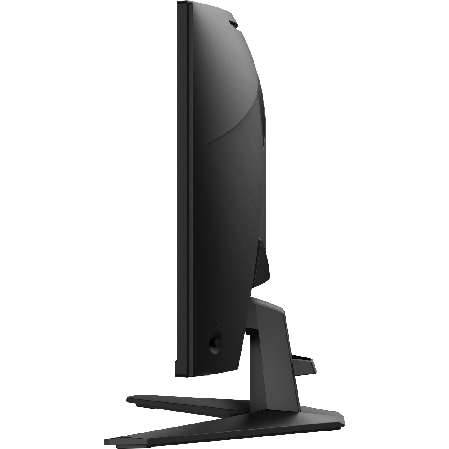 Zwarte computermonitor met slank profiel en V-vormige standaard.