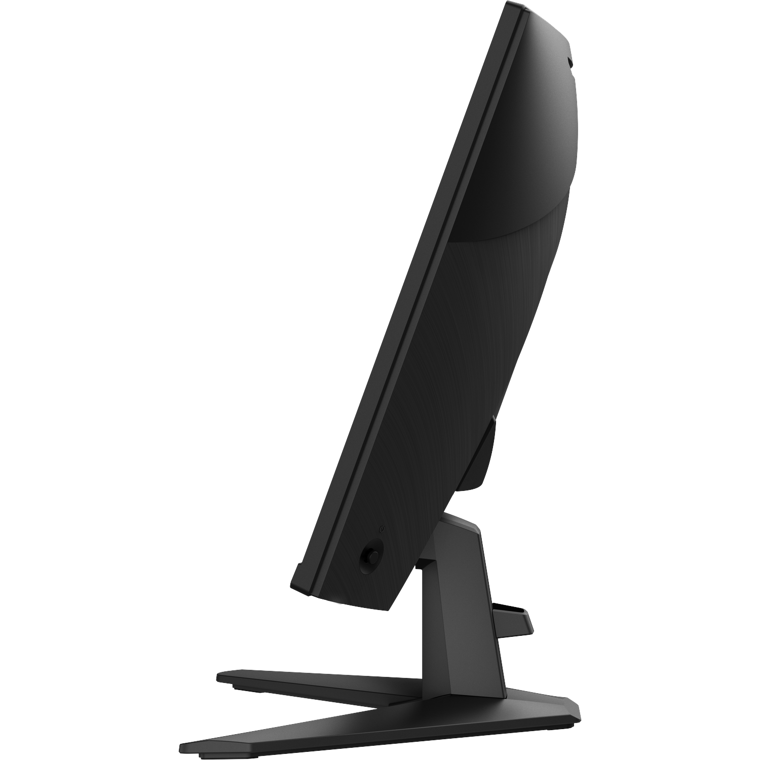 Zwarte computermonitor op standaard, van opzij bekeken.