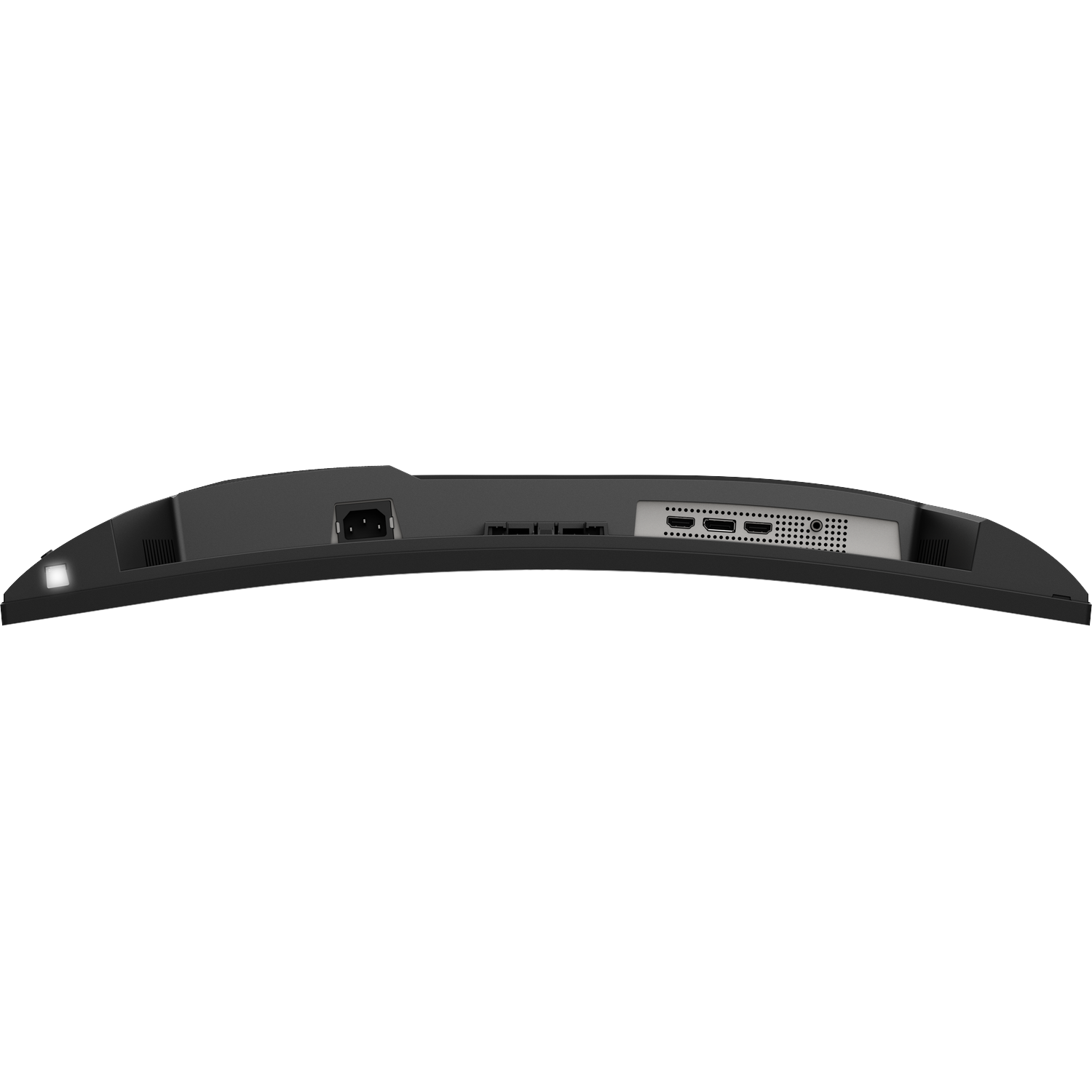 Achterkant van een zwarte monitor met stroom-, HDMI-, USB-C- en audiostekkers.