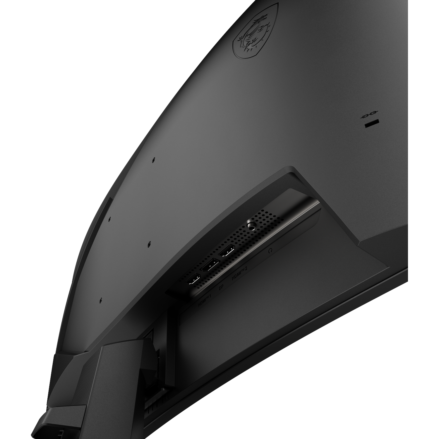 Achterkant van een zwarte monitor met poorten: HDMI, DP, USB.