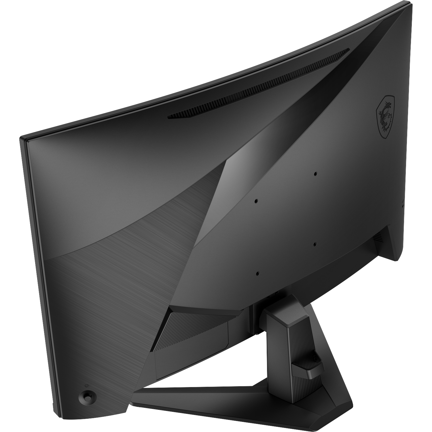 Zwarte gebogen computermonitor met MSI-logo op de achterkant.