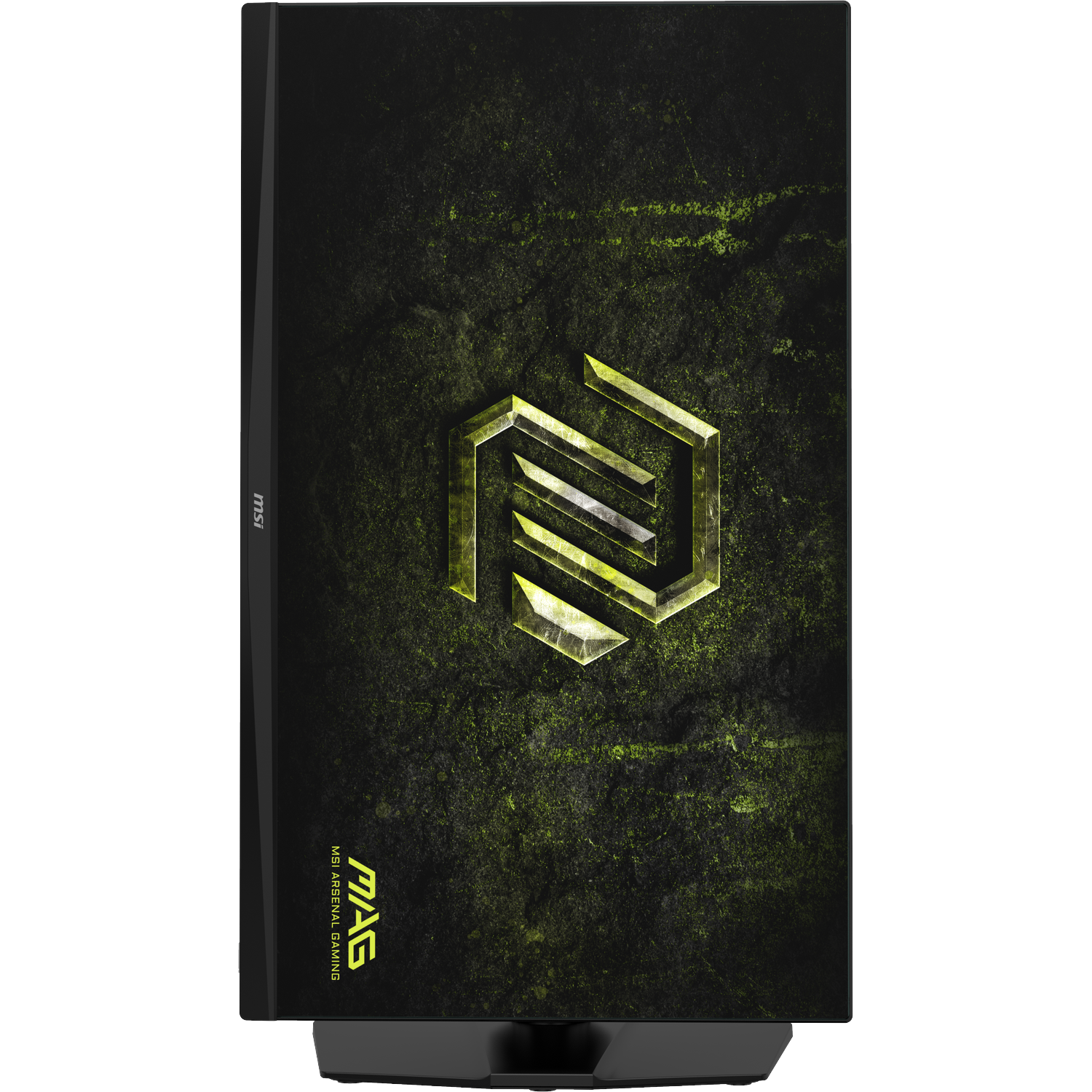 A black monitor with a yellow textured pattern and a logo.