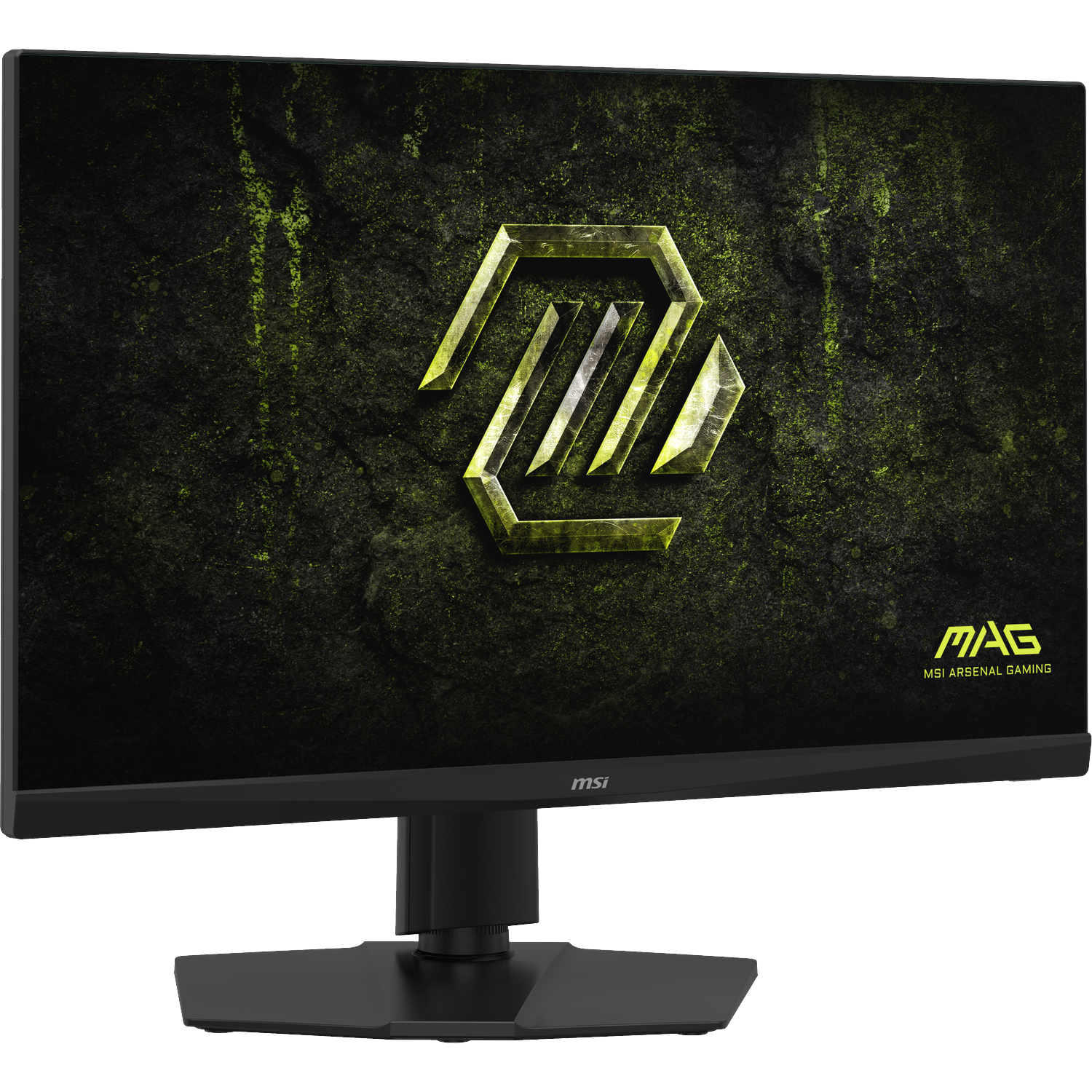 A black gaming monitor featuring the MSI logo against a green background.