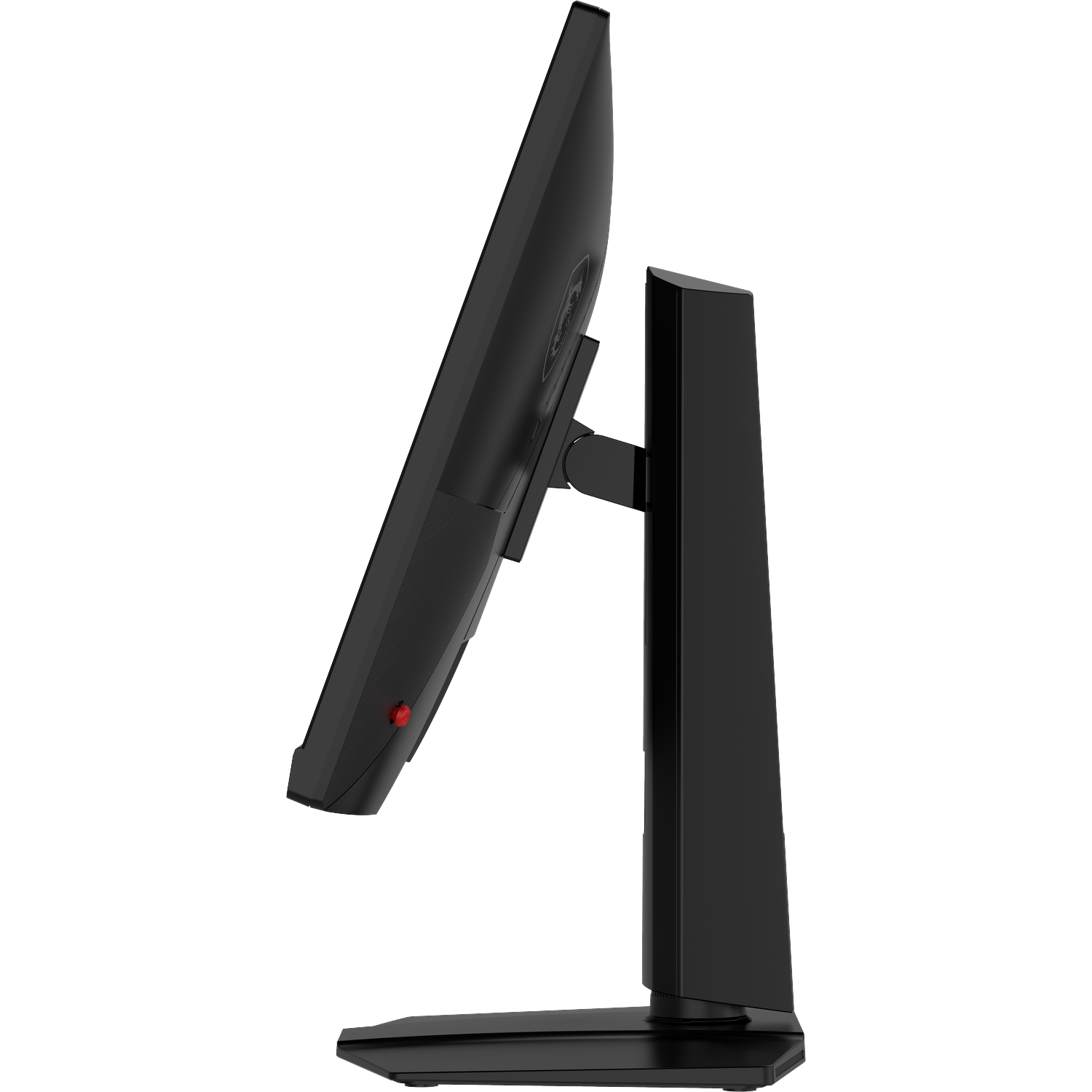 Black monitor in profile with a red button on its side, on a white background.