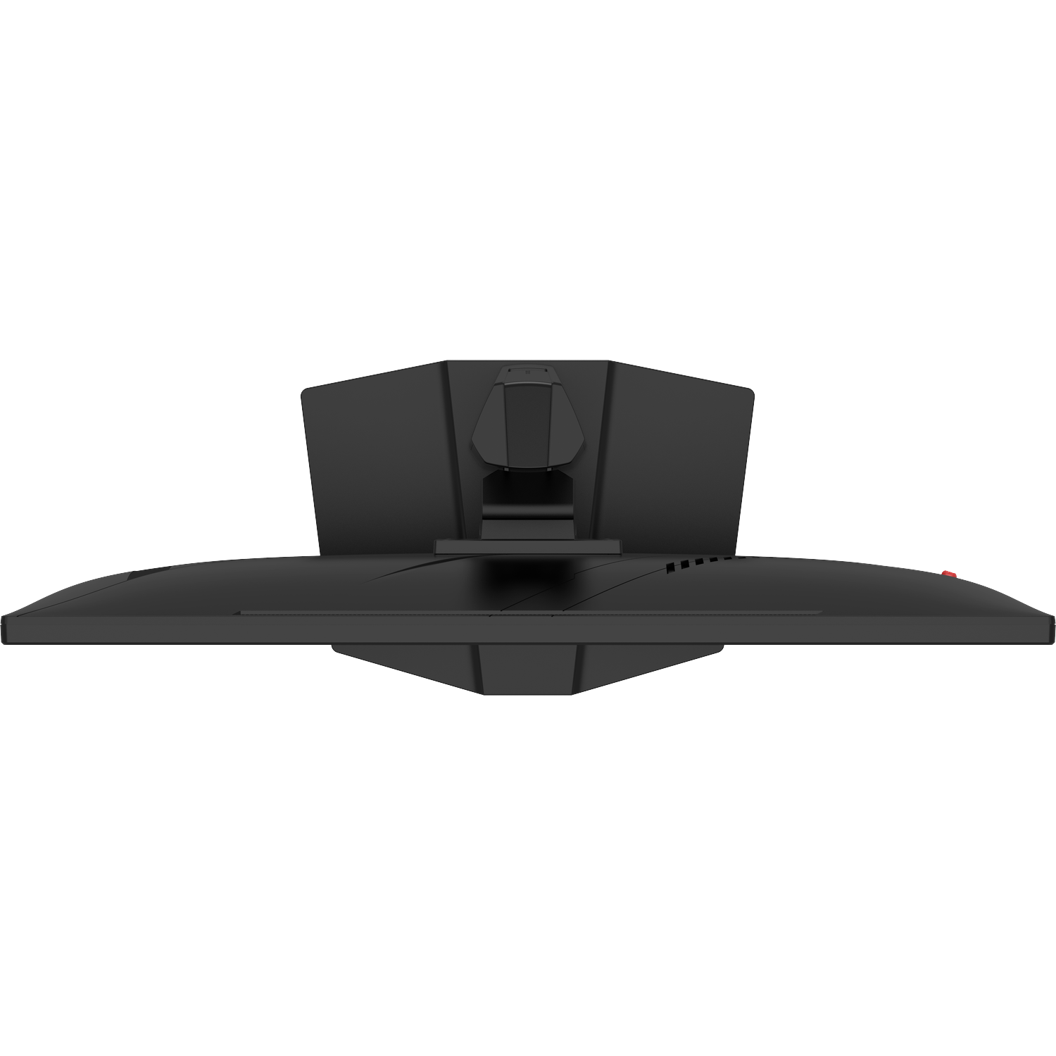 Black computer monitor viewed from above, showing stand connection and red button.